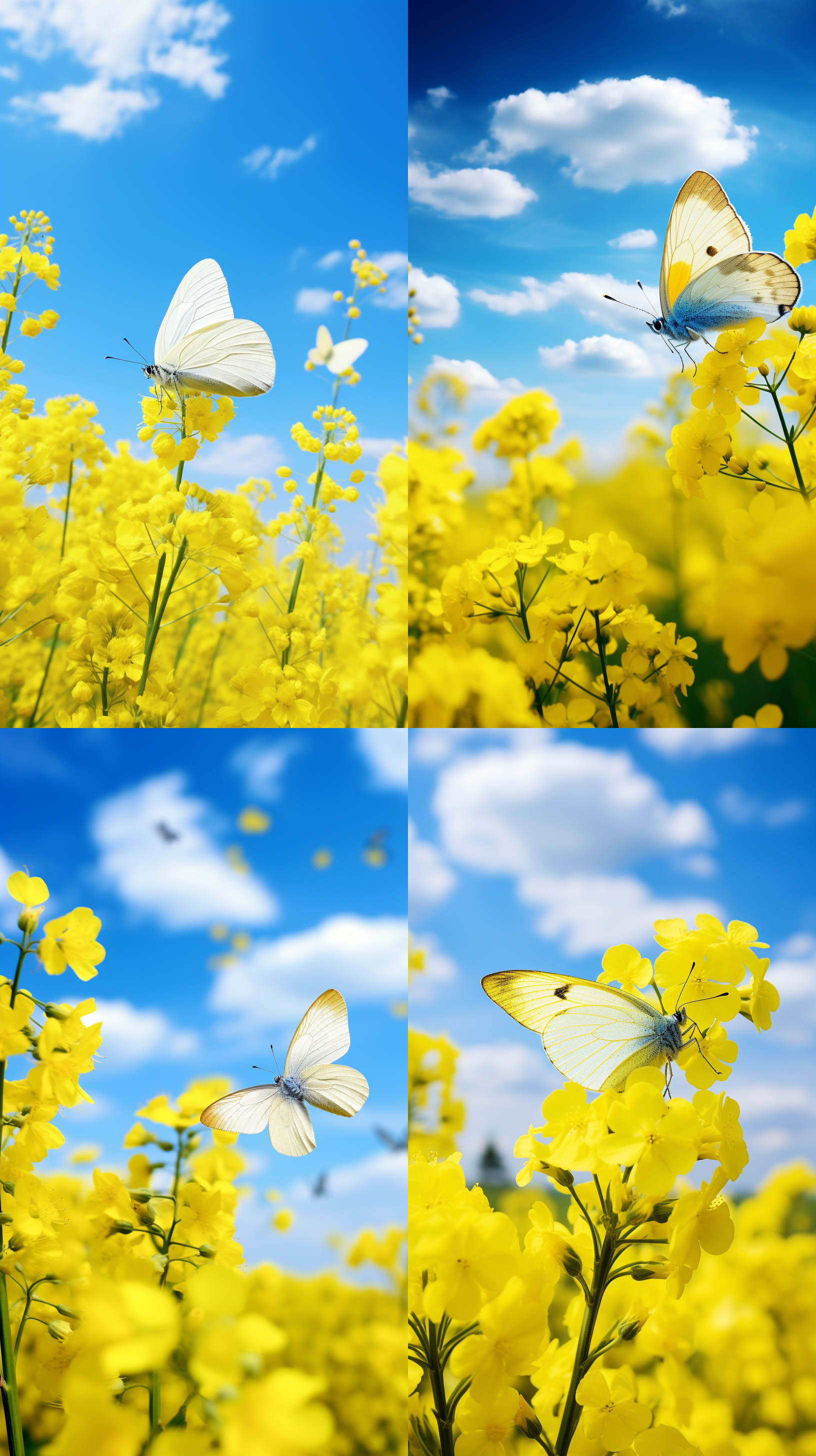 油菜花地，蝴蝶采蜜，微距特写，蓝天白云背景，柔和自然光，鲜艳色彩，细节清晰，动态捕捉，宁静和谐。