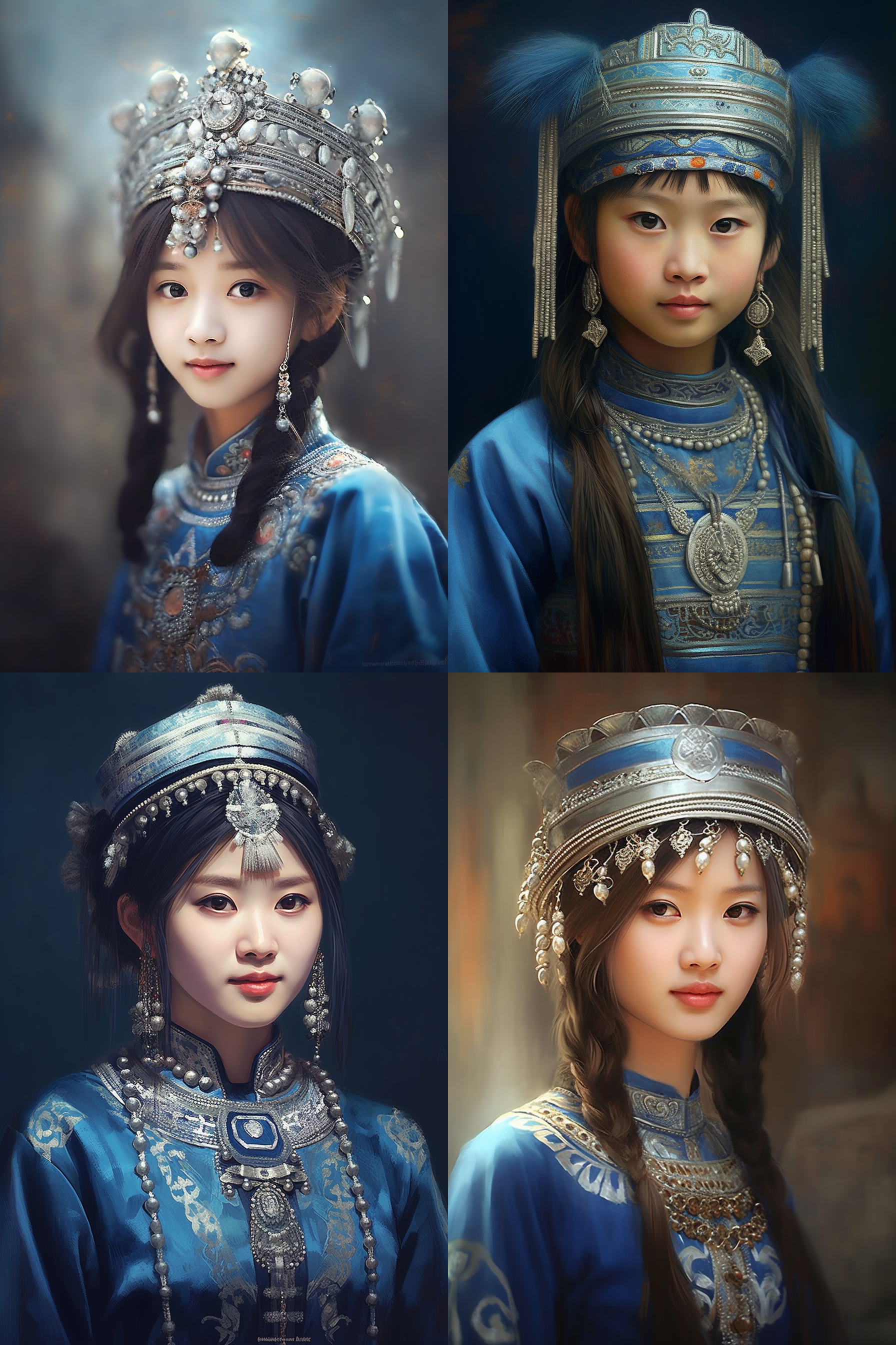 中国苗族女孩，传统蓝色衣服，头戴苗冠，戴苗族传统银饰，发丝清晰，学院派写实油画，背景朦胧柔和，自然光，柔和对比，细腻笔触，专注表情，动态捕捉，暗调和谐色彩。