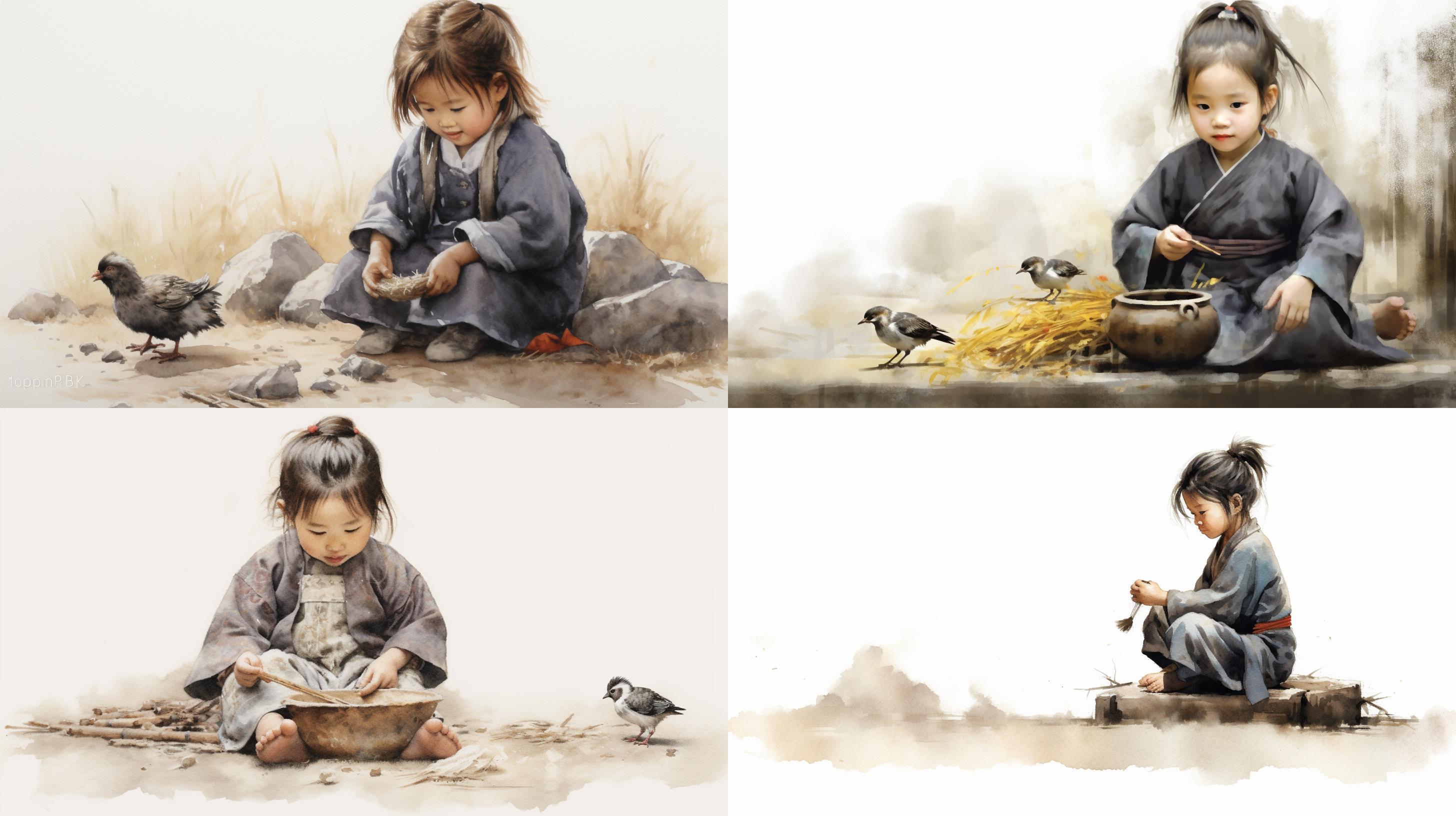 扎辫小女孩伏地观看小鸡吃米，中国画写意人物，传统服饰，线条流畅，绢本，4k高清画质，自然光，柔和对比，细腻笔触，专注表情，动态捕捉，和谐色彩。