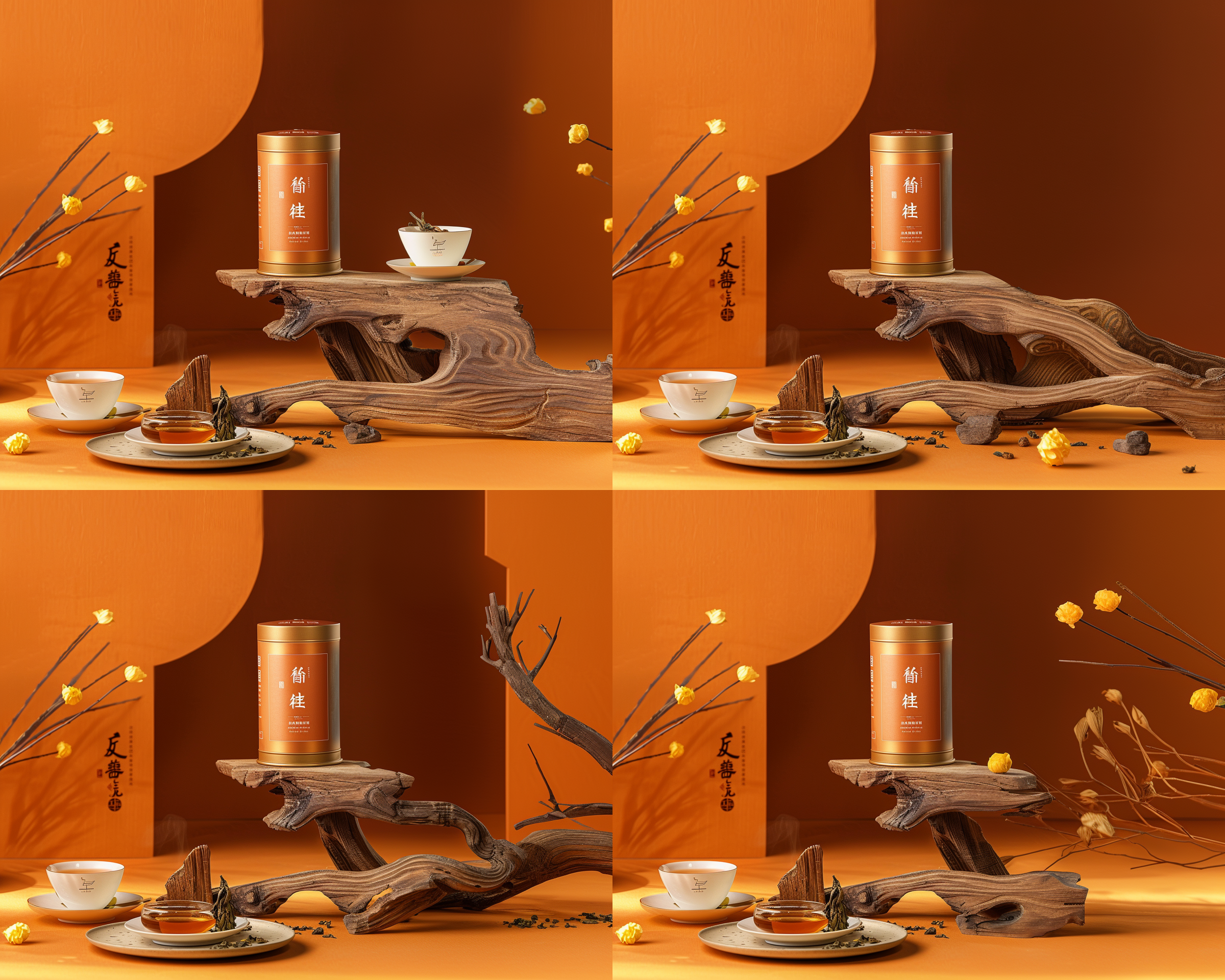 茶叶包装，产品摄影，中式圆形金属罐装茶设计，主体放置在艺术木雕作品上，一杯透明茶杯，一碟儿茶叶，橙色温暖背景，禅意意境，静谧，极简主义艺术摄影风格，平视角拍摄，自然光，长焦镜头，浅景深，绿色调，沉思，平和。 明亮的 金属质感 奢华金 黄金比例构图 充满阳光