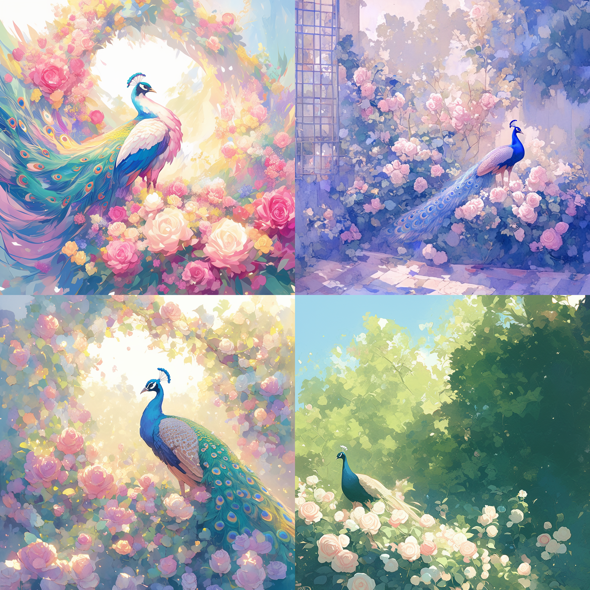 孔雀静坐玫瑰花中，四周鲜花盛开，夏日阳光，水彩晕染，梦幻模糊，美学可爱，gif动图，柔和色调，光合作用，ai生成，twitch直播，极美照片，熊猫悠闲，充满可爱气息。