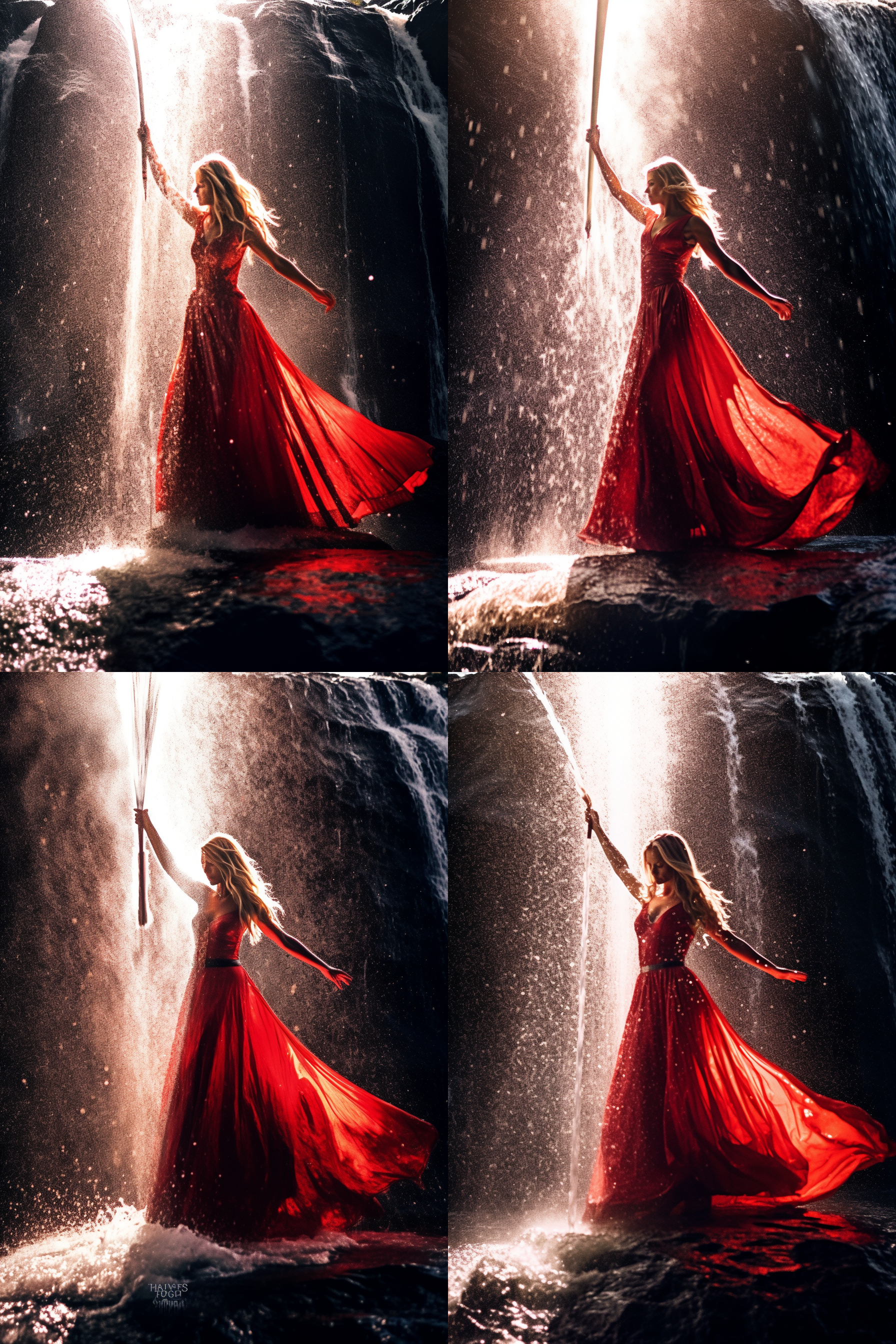 红衣女孩舞剑，瀑布背景，水花四溅，气势壮观，正面光逆光，颜色通透，低视角，长焦镜头，8k高清晰画面，动态捕捉，红色与水花对比，专注表情，动态模糊效果。