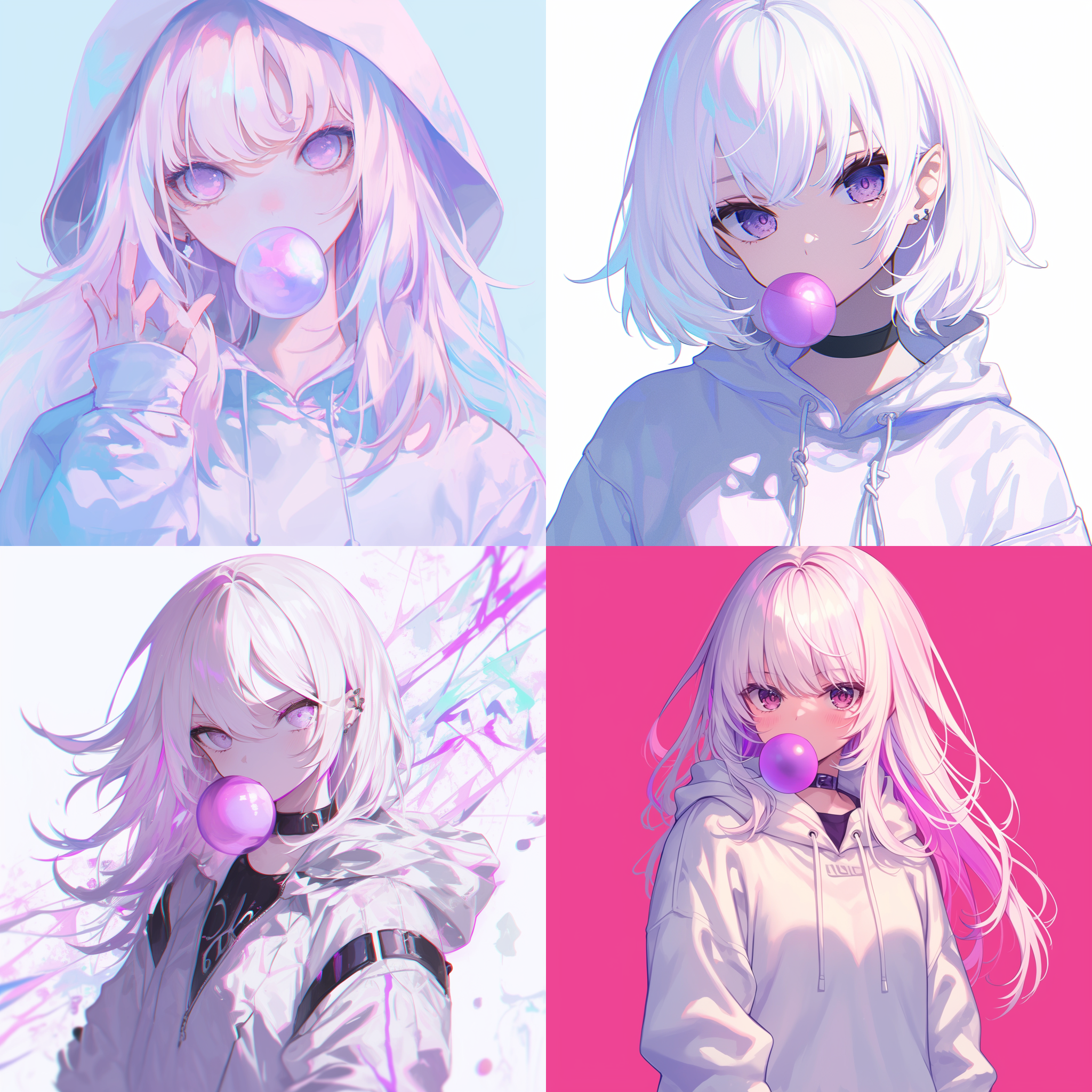 奶白色的头发，是黑色的眼睛，流露出一种威胁感，穿着白色卫衣，嘴中吐着淡紫色泡泡糖