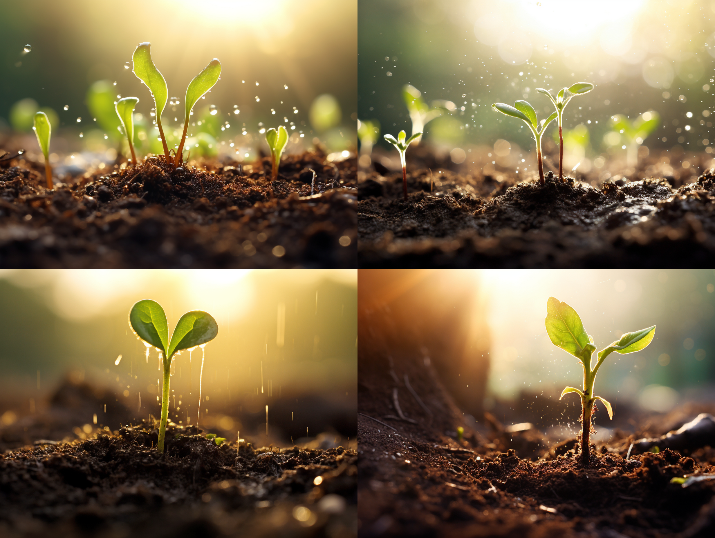 微距摄影，嫩芽破土，阳光雨露，特写镜头，自然光，清晨，柔和色调，细节清晰，生机勃勃，希望。
