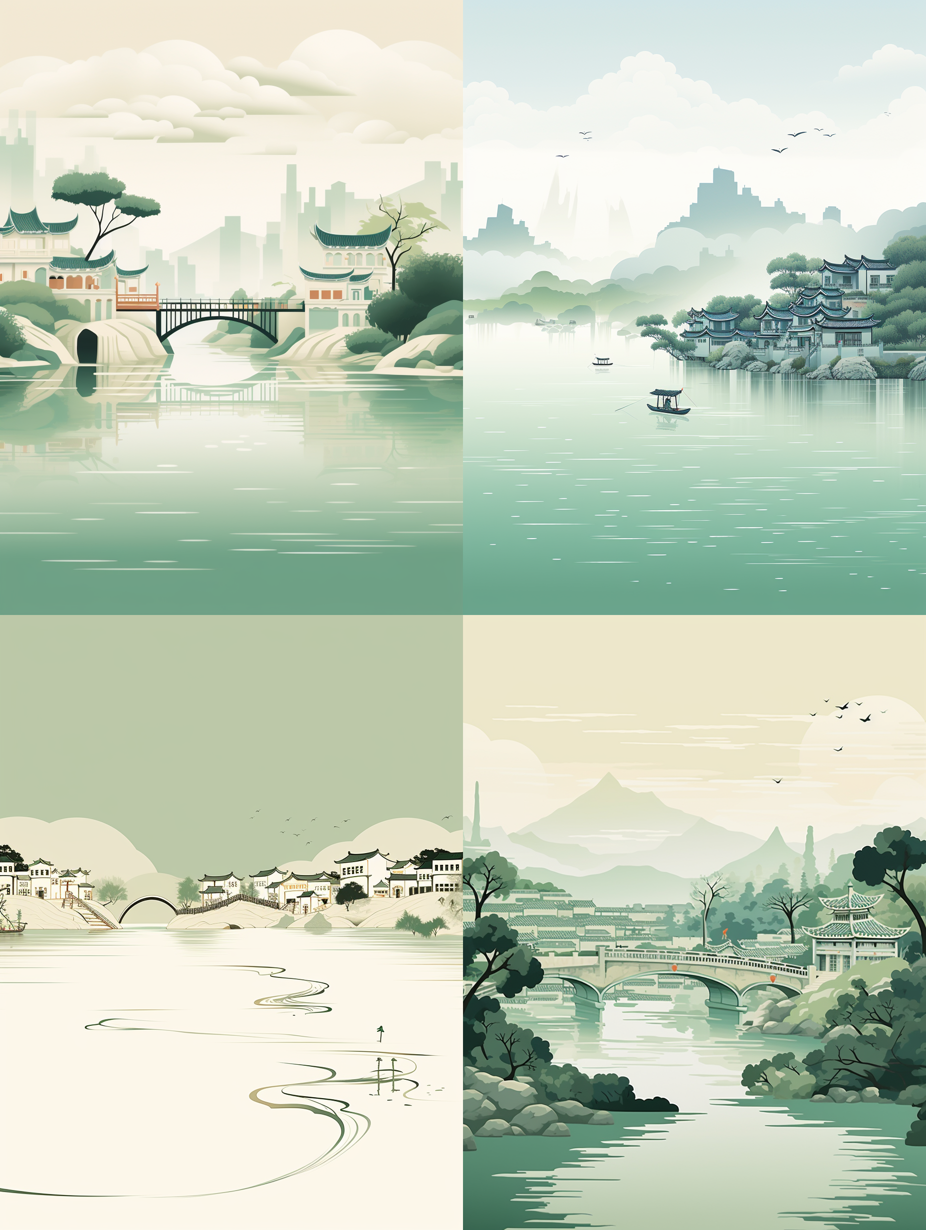 江南水乡插画，小桥流水，留白。绿色调，新工笔画风格，线条细腻，极简风格，国画古风，构成感，肌理磨砂质感，东方美学，简约风格，横板构图，细节刻画，静态，优雅。横板8k高清大图