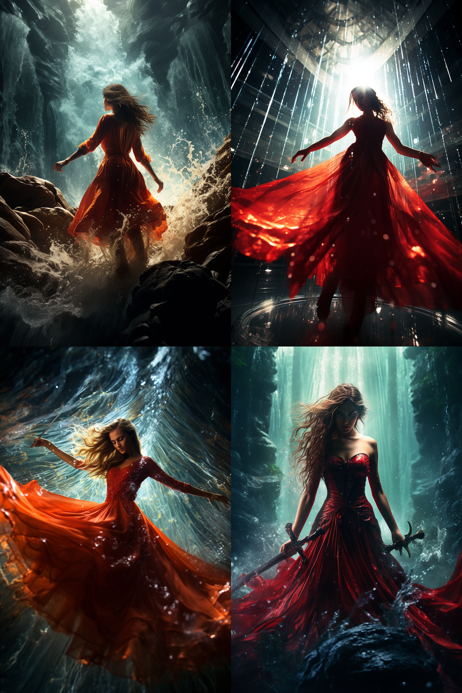 瀑布下红衣女孩舞剑，水花四溅，气势壮观，侧逆光，正面脸部闪光灯补光，颜色通透，低视角，长焦镜头，8k高清晰画面，动态捕捉，自然光与人工光结合，红色与水花对比，专注表情，动态模糊效果。