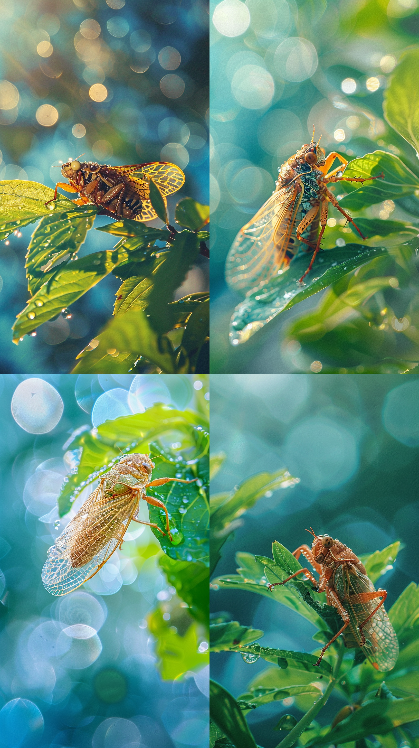 蝉特写，蝉挂露水，嫩绿树叶旁，晨雾朦胧，蓝天白云隐现，意境深远，自然光，长焦镜头，自然色彩，细节丰富，高清画质，宁静，清新。