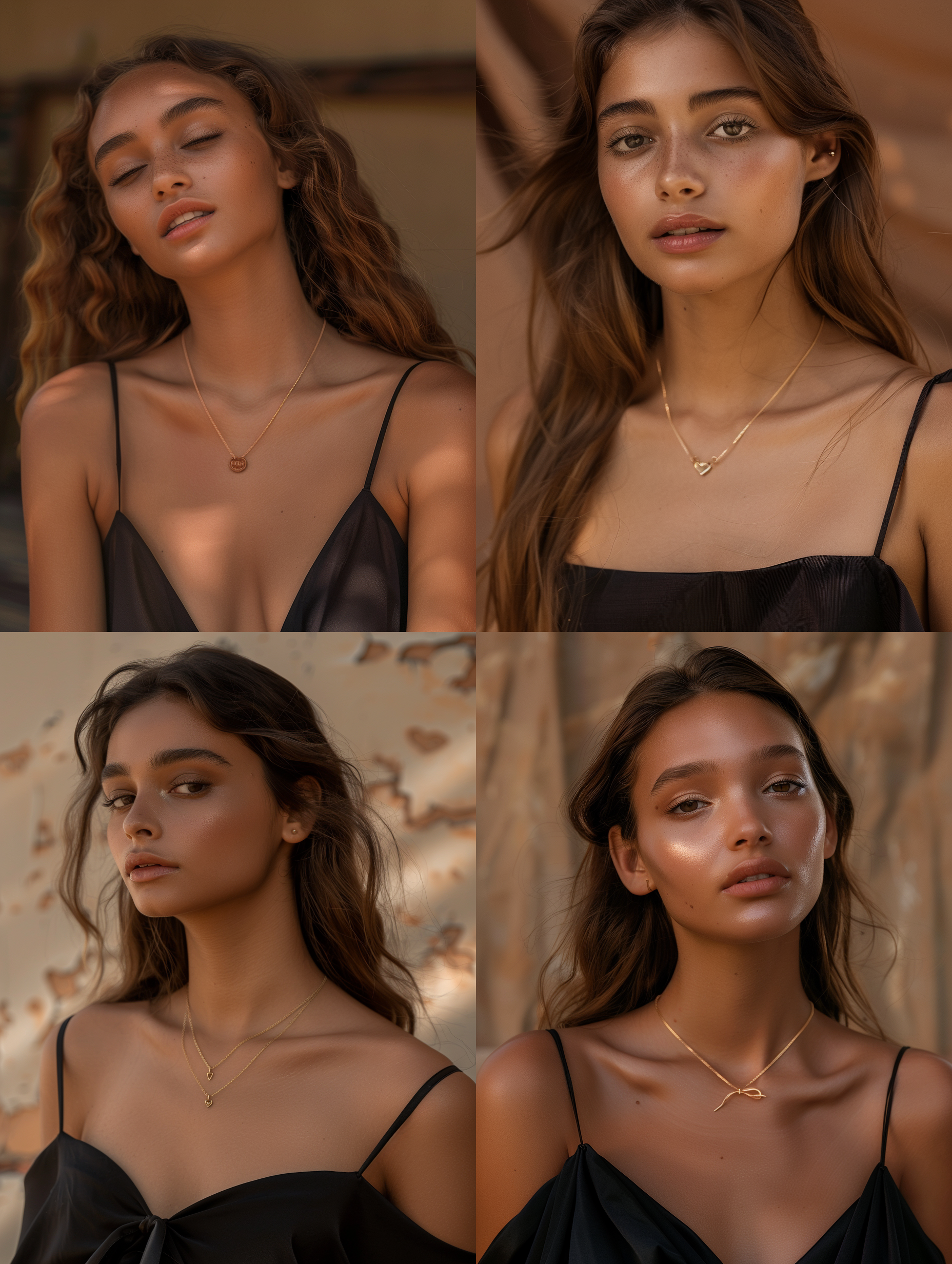 美丽留着长发美国成年女性，笑容灿烂，脖子特写，头发带蝴蝶结，细致脖子锁骨，真实风格，深棕色皮肤，露肩高叉黑色晚礼服，柔和光线，浅景深，精致妆容，自然光，自然表情，温暖氛围，高饱和度，喜悦。对称平衡构图，长焦镜头，正面半身，肖像，伦勃朗照明，超现实，8k，超高分辨率，面对镜头，美丽特写人脸。
