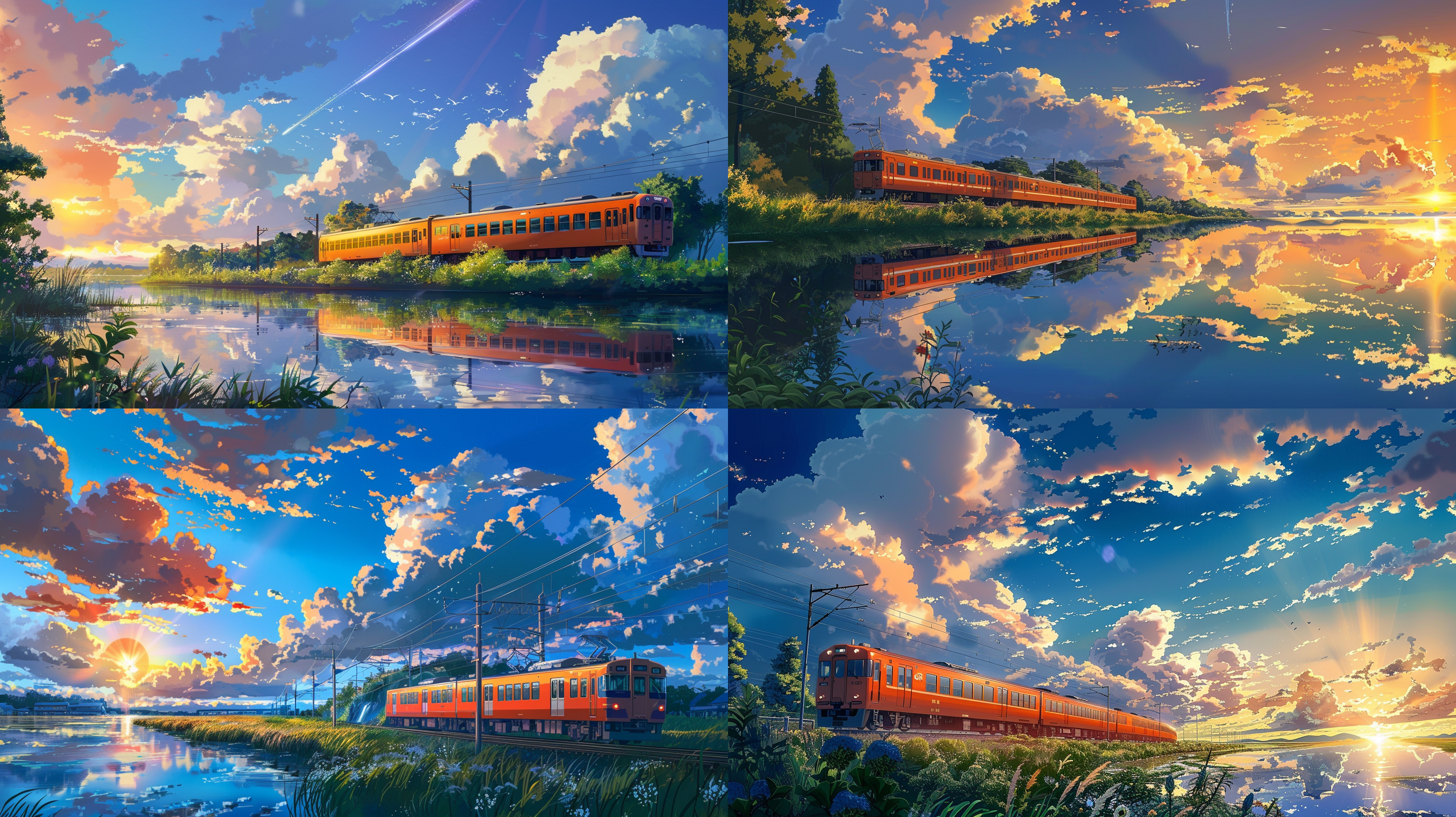 宫崎骏动漫风格，蓝天白云，橙色火车沿水边轨道行驶，夕阳余晖映照河面。画面呈现宁静和谐，小清新风格，云层之上形成反射光泽，流星划过。整体平和宁静，充满自然美。动漫风格，清晰干净，震撼，高分辨率，自然光照，高细节，高质量-ar 9:16。