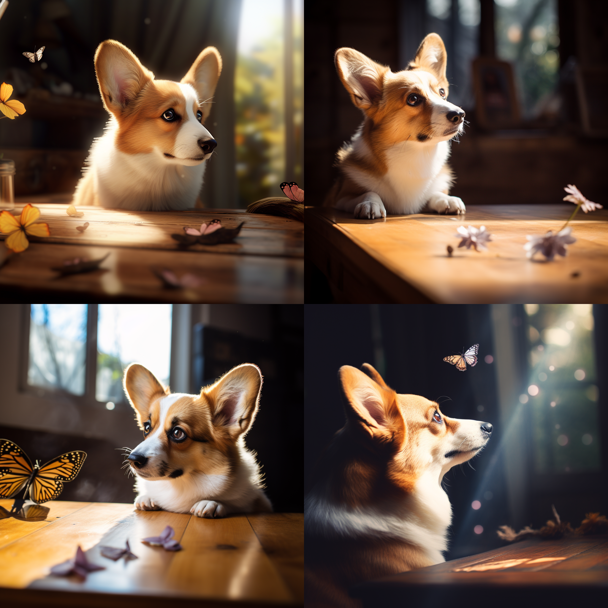 柯基犬凝视桌上的蝴蝶，真实风格，桌面特写，自然光，柔和色调，微距镜头，静态瞬间，专注神情，蝴蝶翅膀细节，和谐氛围。