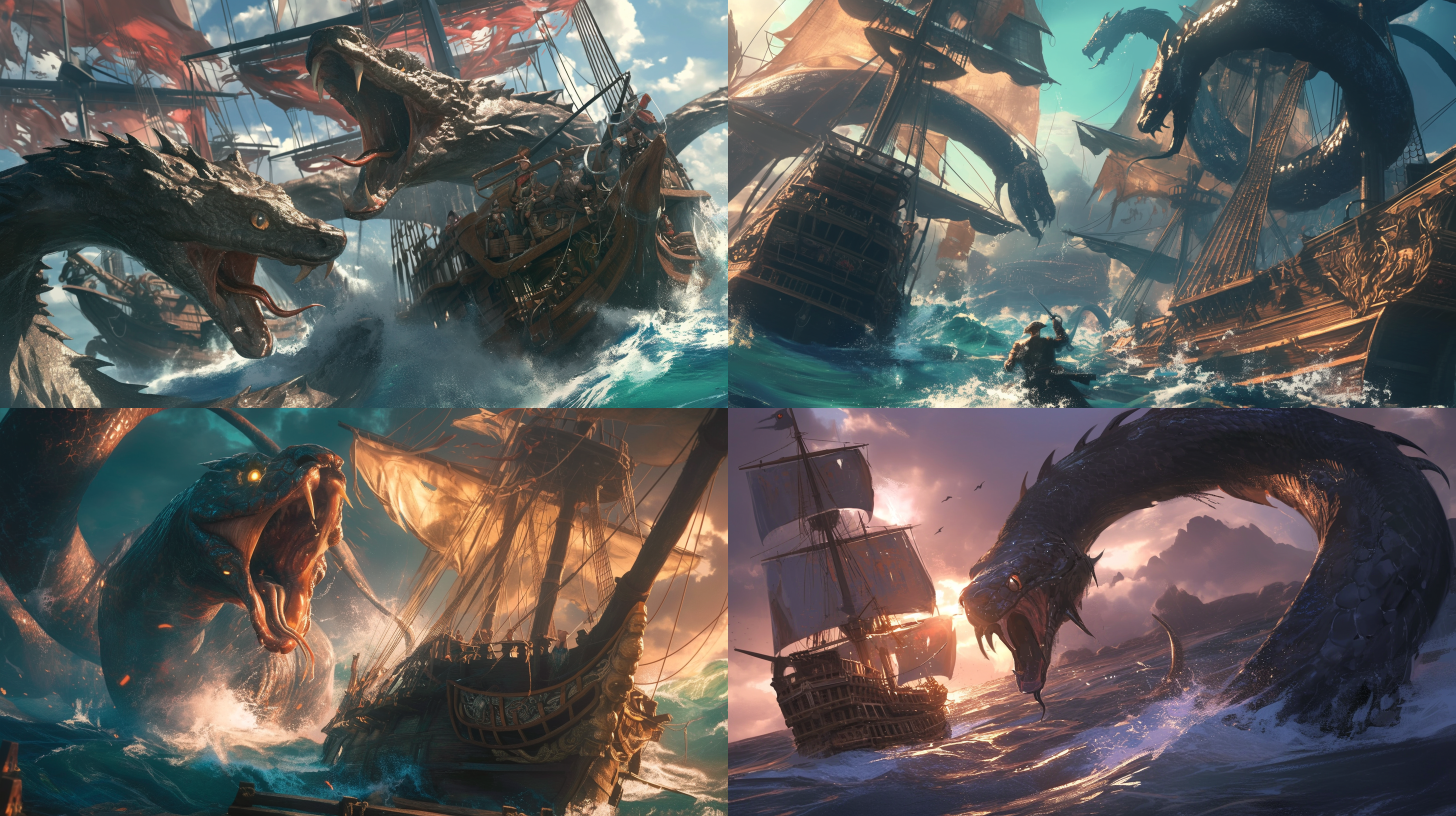 海面波涛汹涌，海蛇卷绕海盗船，蛇头咆哮对峙海盗，海盗勇敢迎战，高分辨率游戏cg风格，全局照明，四个视角，动态捕捉，冷暖色调对比，广角镜头，侧光，紧张气氛，动作激烈。