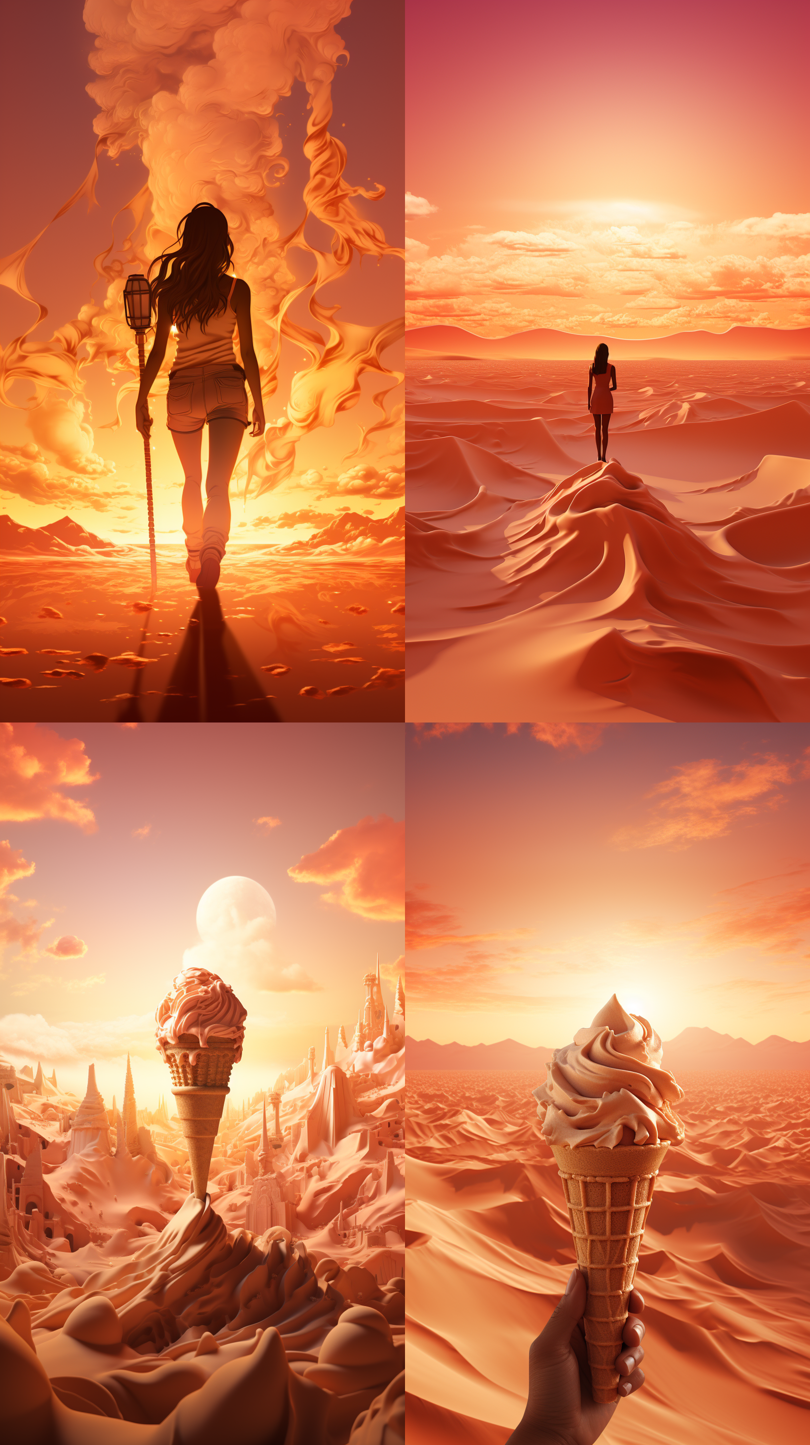 背景是烈日当空的沙漠，神情疲乏的徒步女人，一只修长 白皙 细腻的手，拿着，巧克力味冰淇凌，火炬形状，全景展示，清新日式风格，细腻质感，不填充背景色，柔和，清凉，诱人， 3d ，全景深摄像