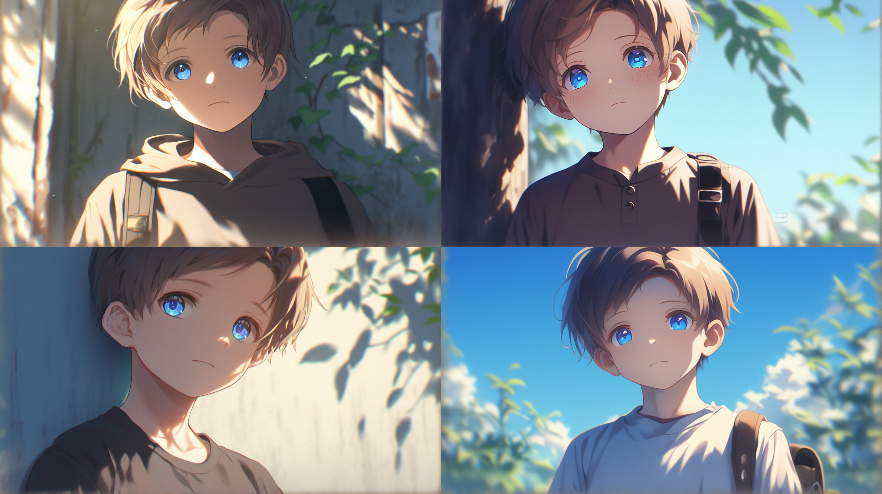 蓝眼睛白皙皮肤的少年，面无表情站在校园入口，自然光柔和色调，长焦镜头浅景深，静态孤独感，简洁构图，服装简单，niji风格，16:9比例。