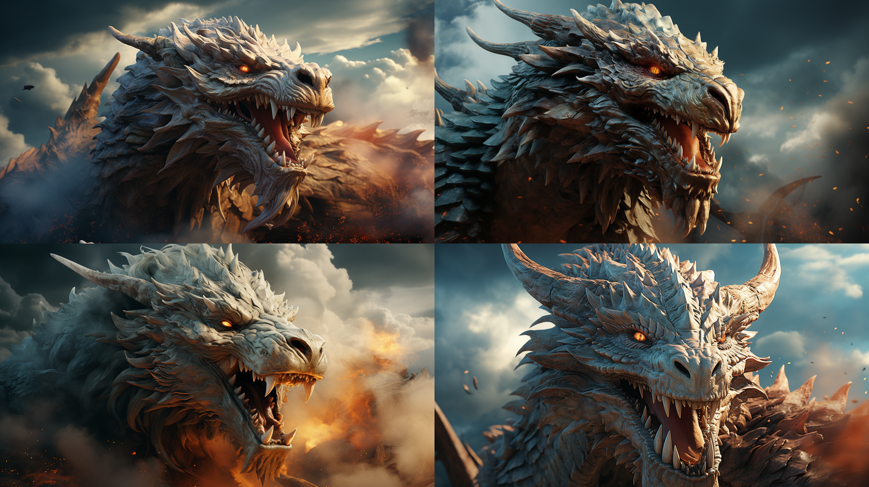 风龙翱翔天际，画面中央，仰视角度，云雾缭绕，冷色调，长焦镜头，背光，慢快门，动态模糊，威严，自由。