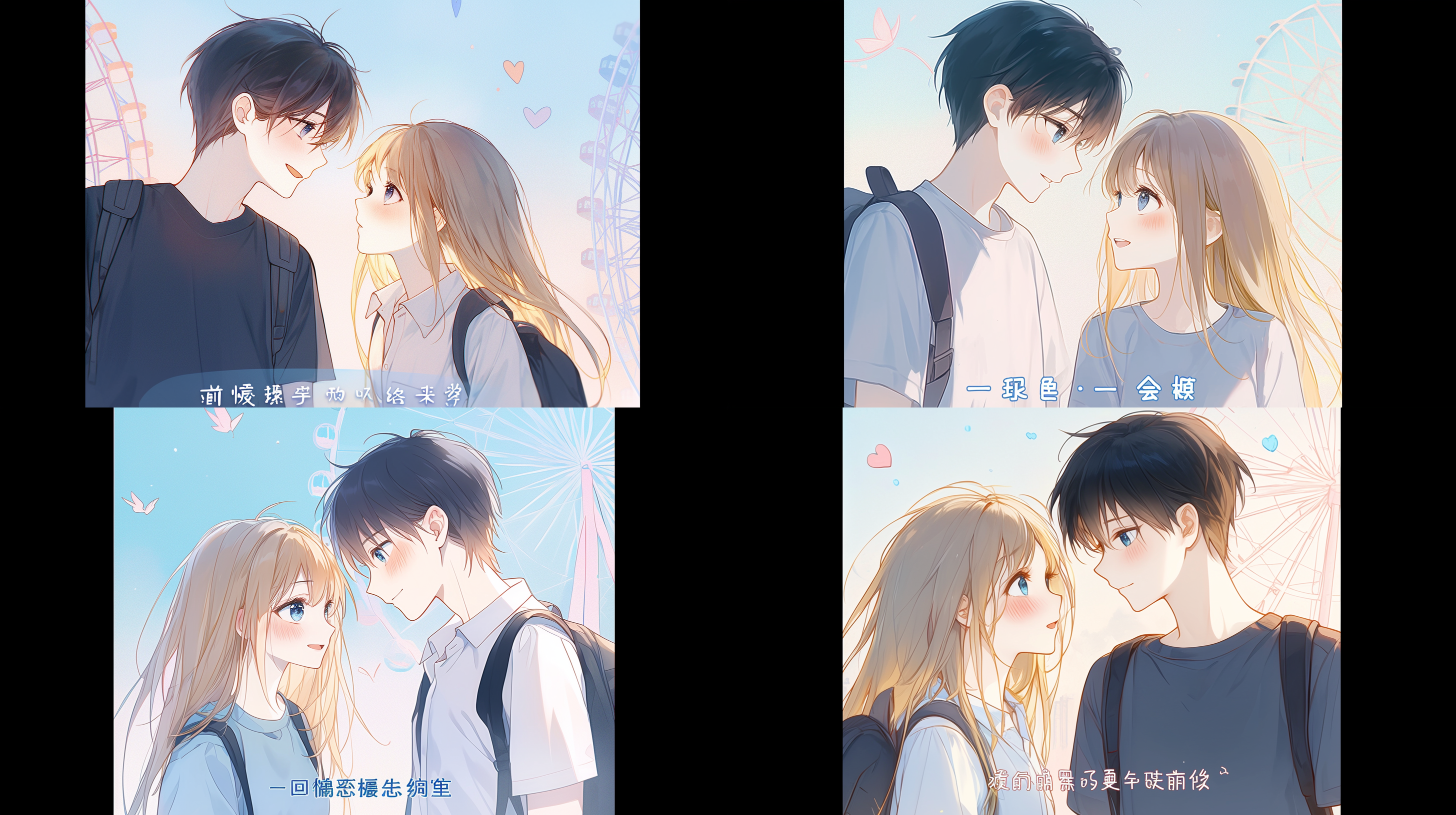 16岁中国男女学生，摩天轮背景，半身近景，16:9比例，互相对视，温柔眼神，自然光线，柔和色调，微笑，青春气息，中焦镜头，浅景深，浪漫氛围。