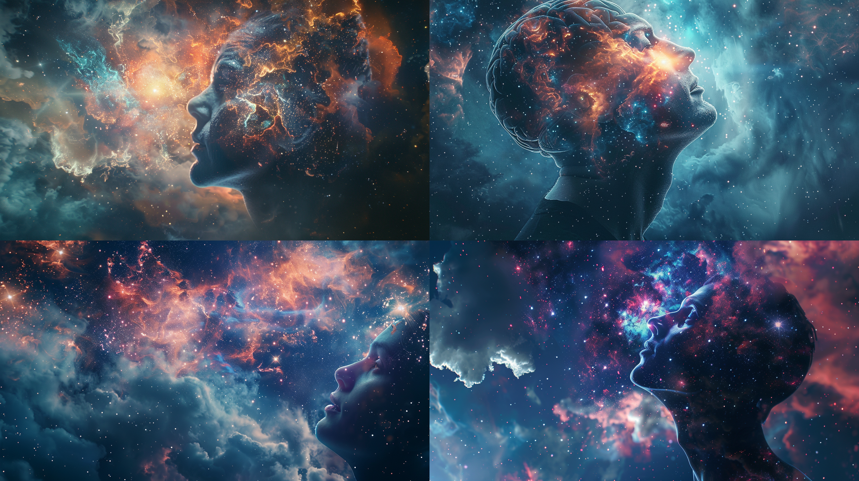 深度思考，思维风暴，人脑内宇宙画像，仰望天空，4k写实风格，战斗氛围，高光对比度，暗调背景，星云流动，专注表情，深邃眼神，冷色调，长曝光，广角镜头，侧光照射。