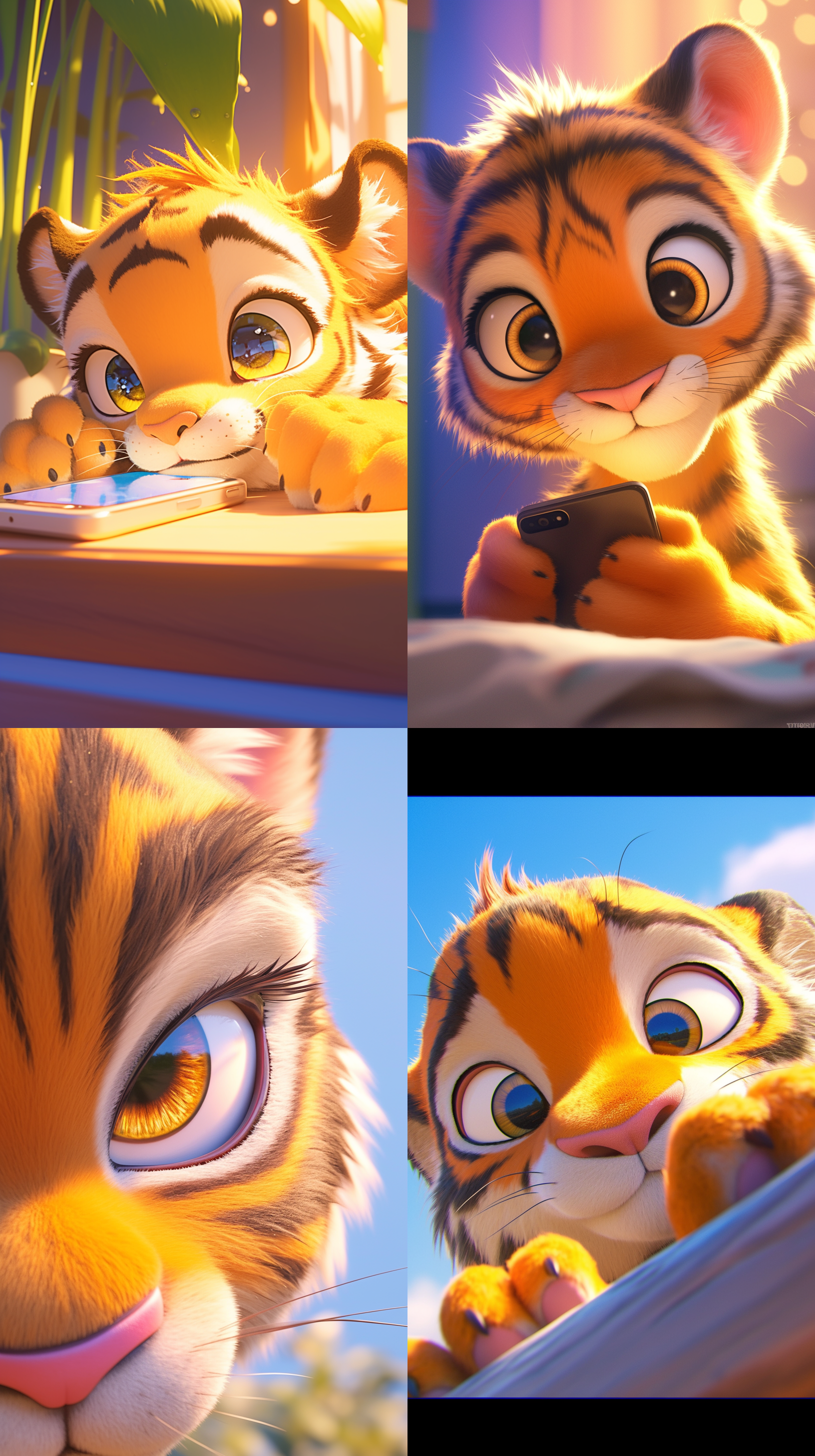 小老虎图图特写，好奇看智能手机，皮克斯动画风格，超真实渲染，高角度，明亮色彩，迪士尼3d卡通，阳光直射，广角镜头，动态捕捉，鲜艳色彩。