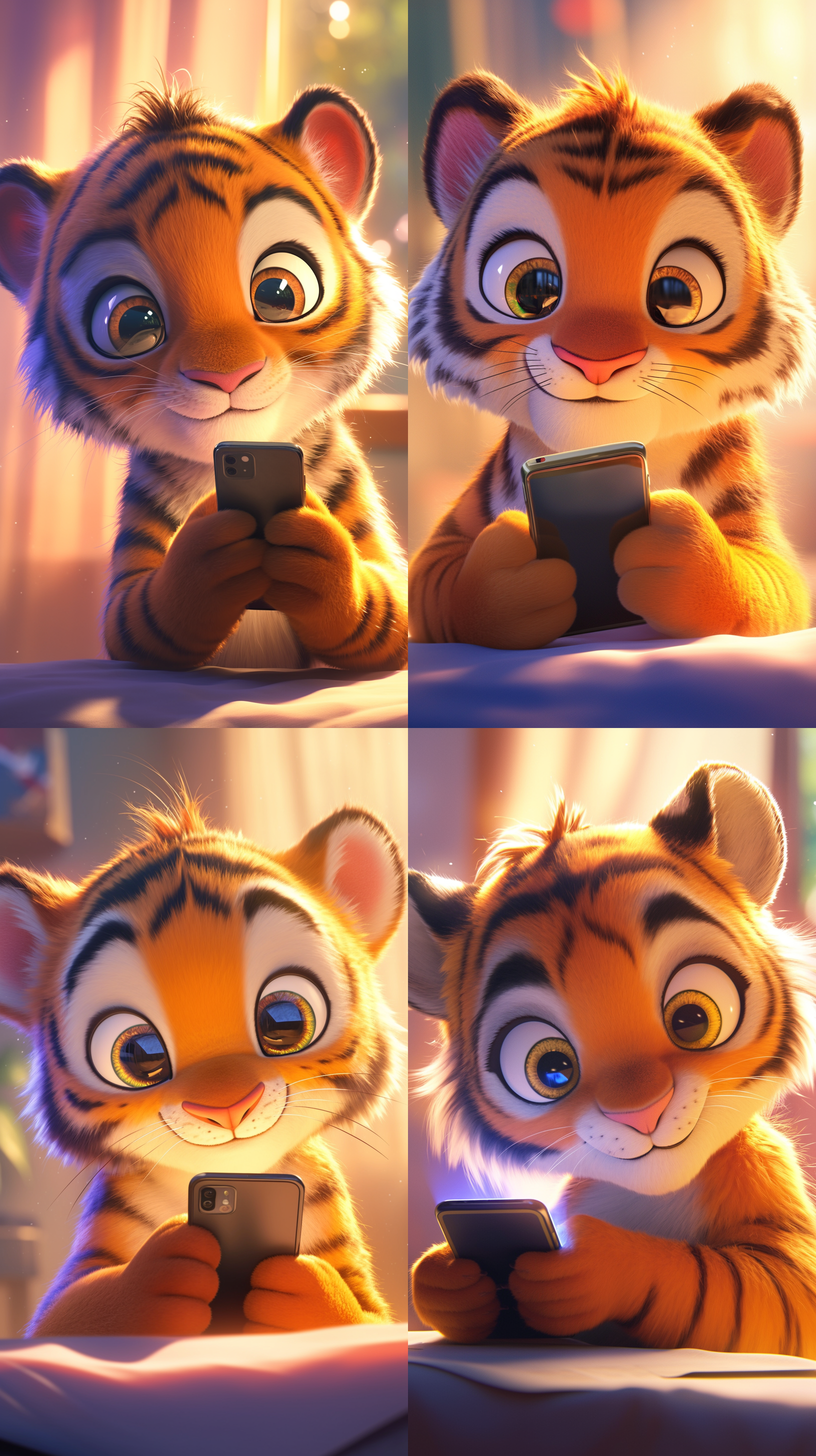 小老虎图图特写，好奇看智能手机，皮克斯动画风格，超真实渲染，高角度，明亮色彩，迪士尼3d卡通，阳光直射，广角镜头，动态捕捉，鲜艳色彩。