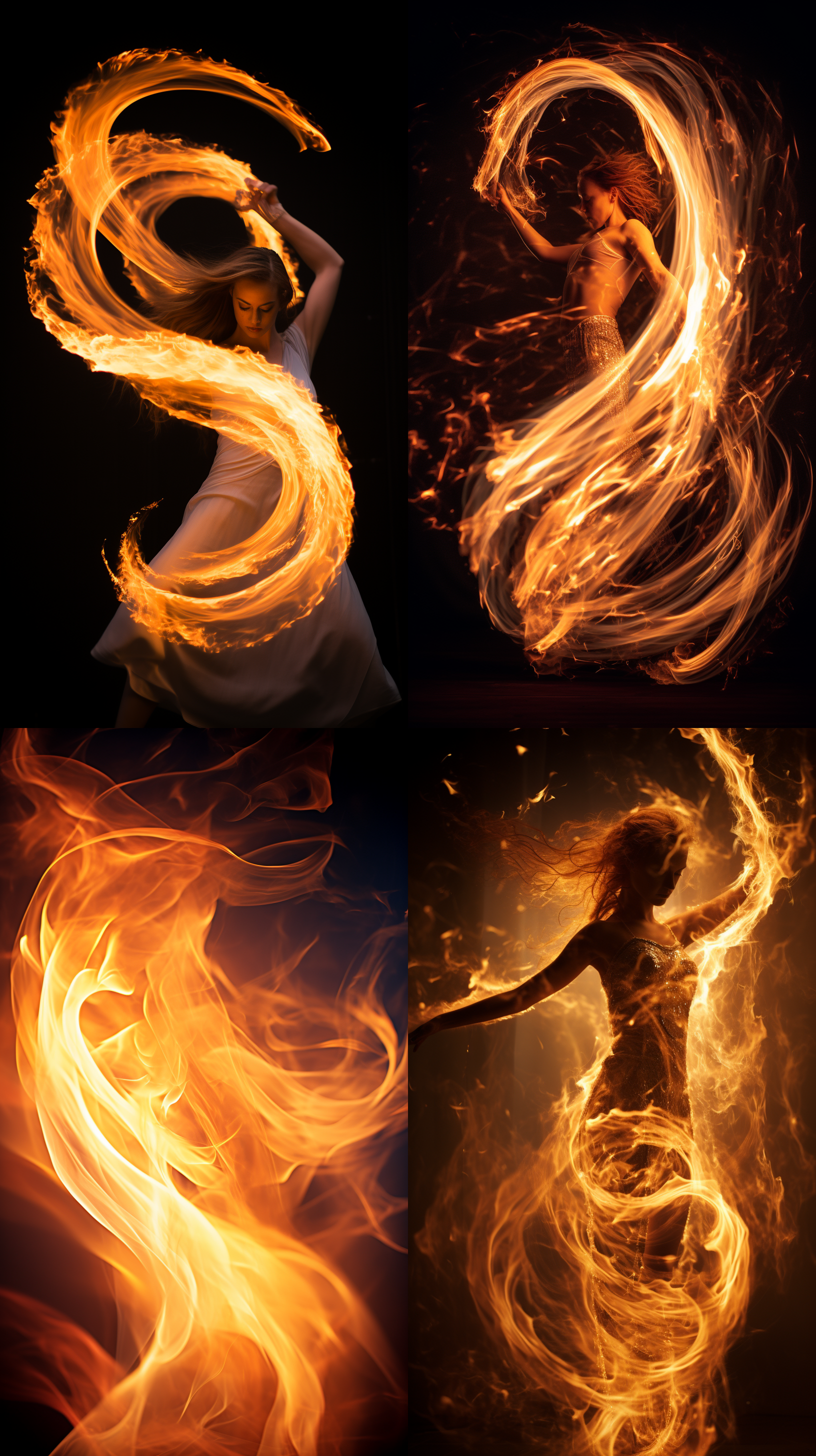 火苗摇曳，风中舞动，低角度拍摄，夜晚背景，冷暖对比，长曝光，微距镜头，侧光，动态模糊，生命力，神秘。