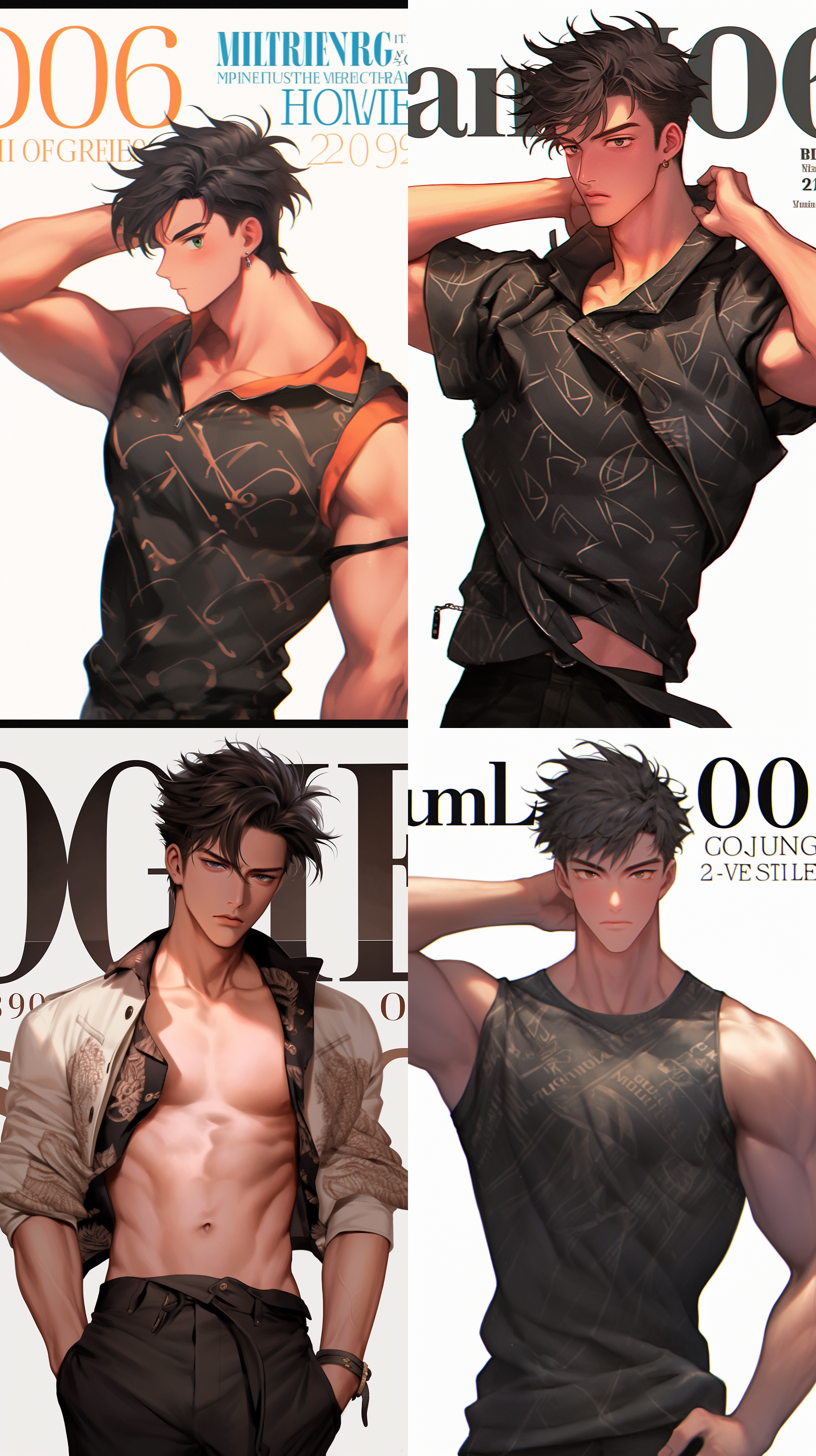 20岁，男，上身霸气肌肉线条，现代，高级时尚杂志封面，冷色配色方案 细节：极致细节，线条表现 技术要求：超高清8k分辨率 背景：无背景，重点突出 背景：无背景，重点突出