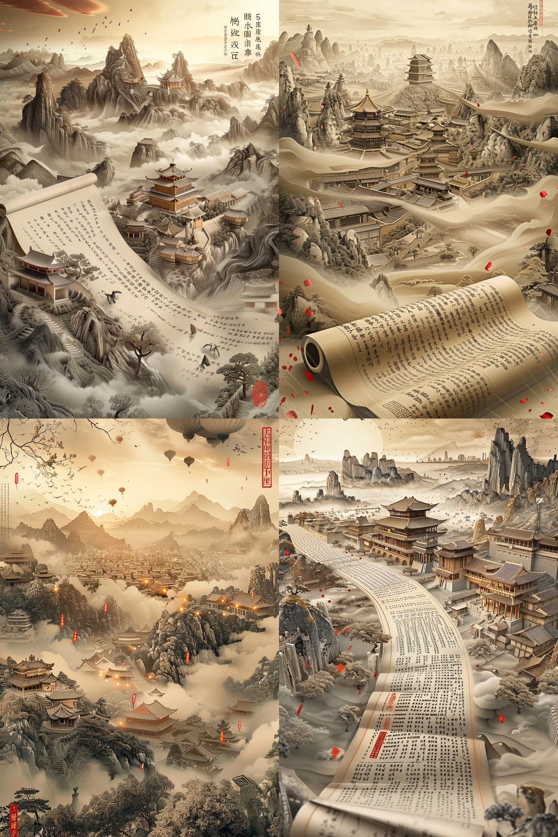 赵无极书法，竖幅宣纸，古代城市背景，梦幻高能量场景，神圣敦煌色彩，极简构图，弥散渐变描线，浪漫古风，星汉灿烂，炫彩光影，逆光炫彩光晕，肌理磨砂，三维古风，近景模糊动感模糊，超级细腻32k。