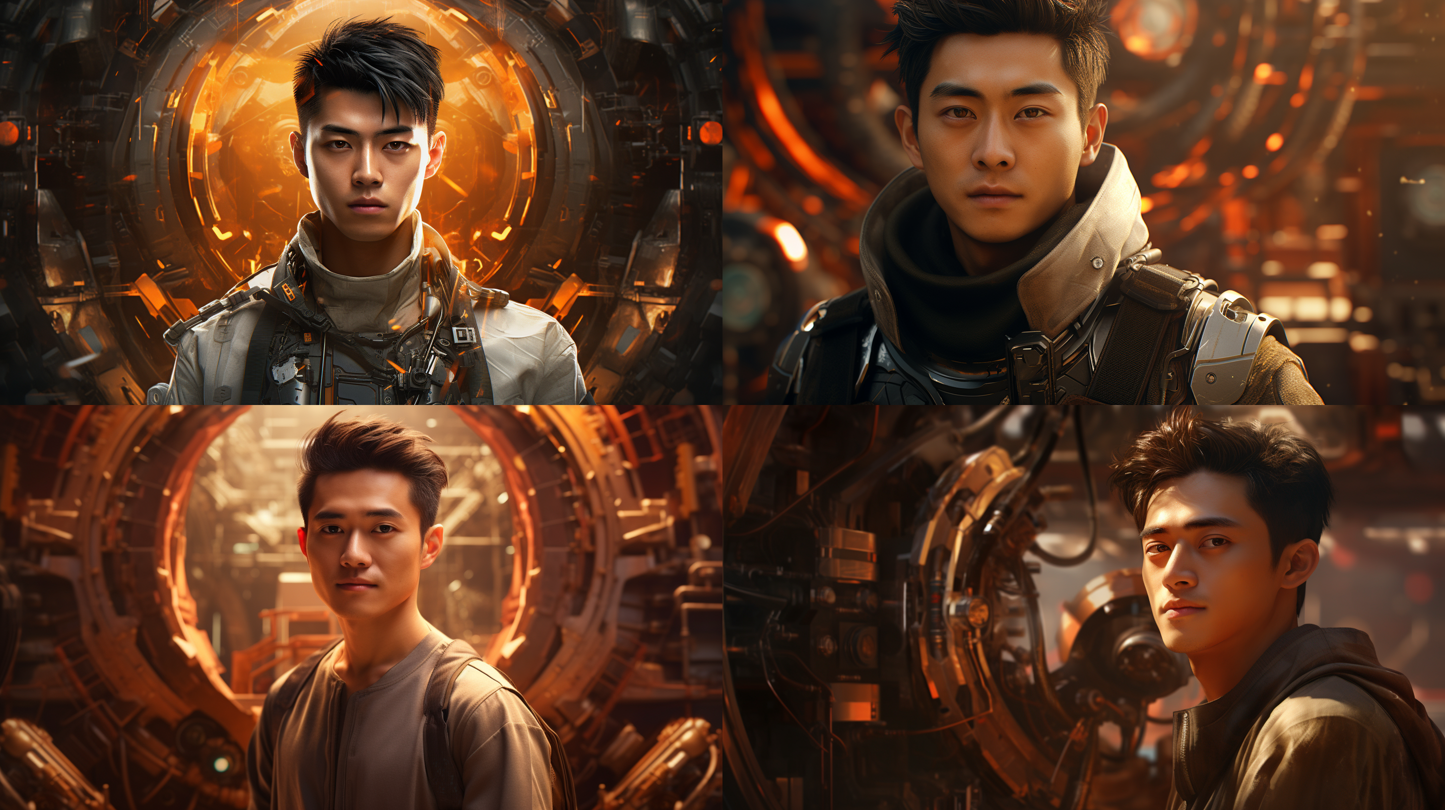 未来科技机械元素的中国，帅哥微笑，肤质细节真实，帅哥在战场，对称构图，柔和光线，暖色调，长焦镜头，静谧，优雅，细节丰富，传统元素，温馨，三体的元素最高清质量。