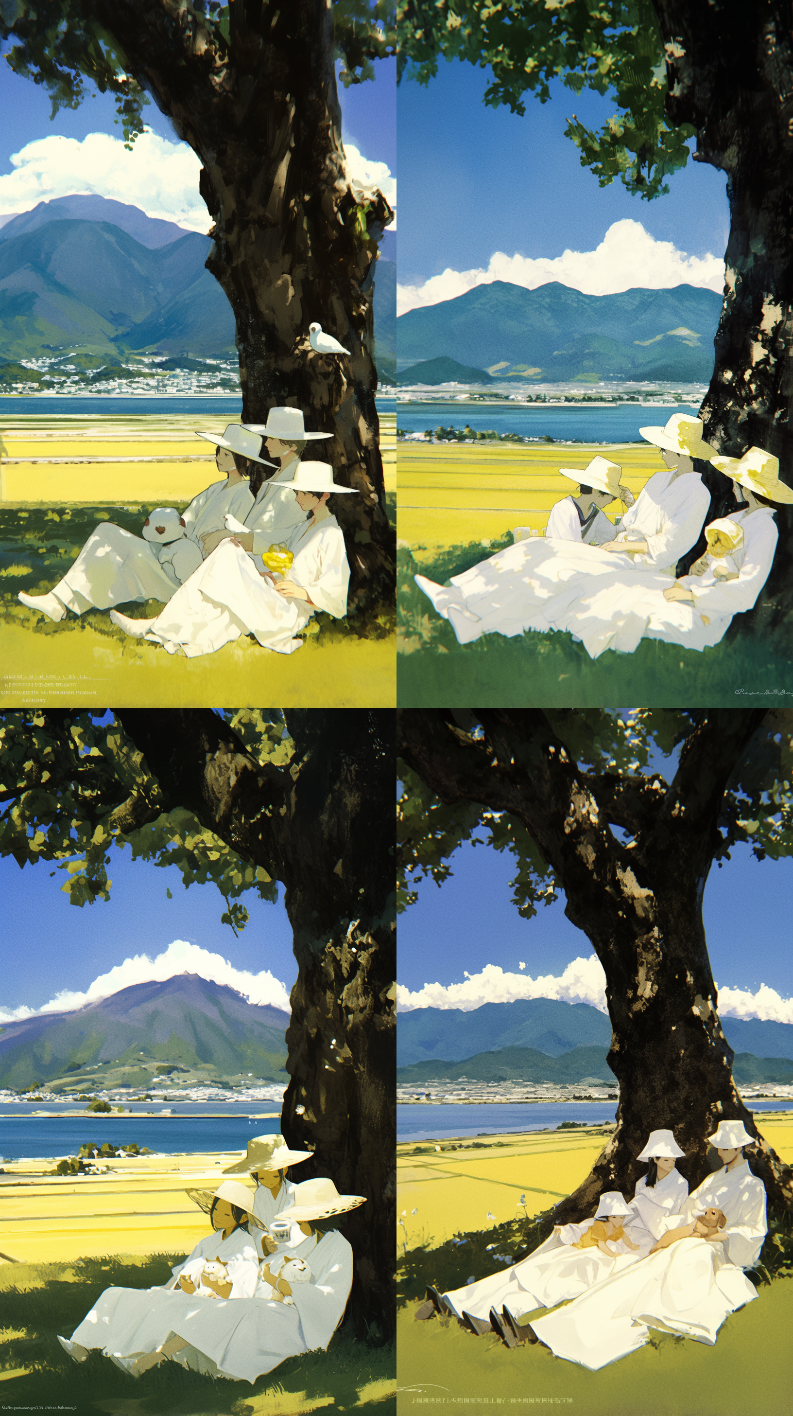 野外家庭亲子活动，一家三口与狗玩耍，绿色草地，蓝色晴空，柔和光线，平面插画风格，硫磺纸质感，公益海报，矢量插画，细腻线条，鲜艳色彩，轻松氛围，广角镜头，自然光，动态捕捉，温馨。 三分法构图