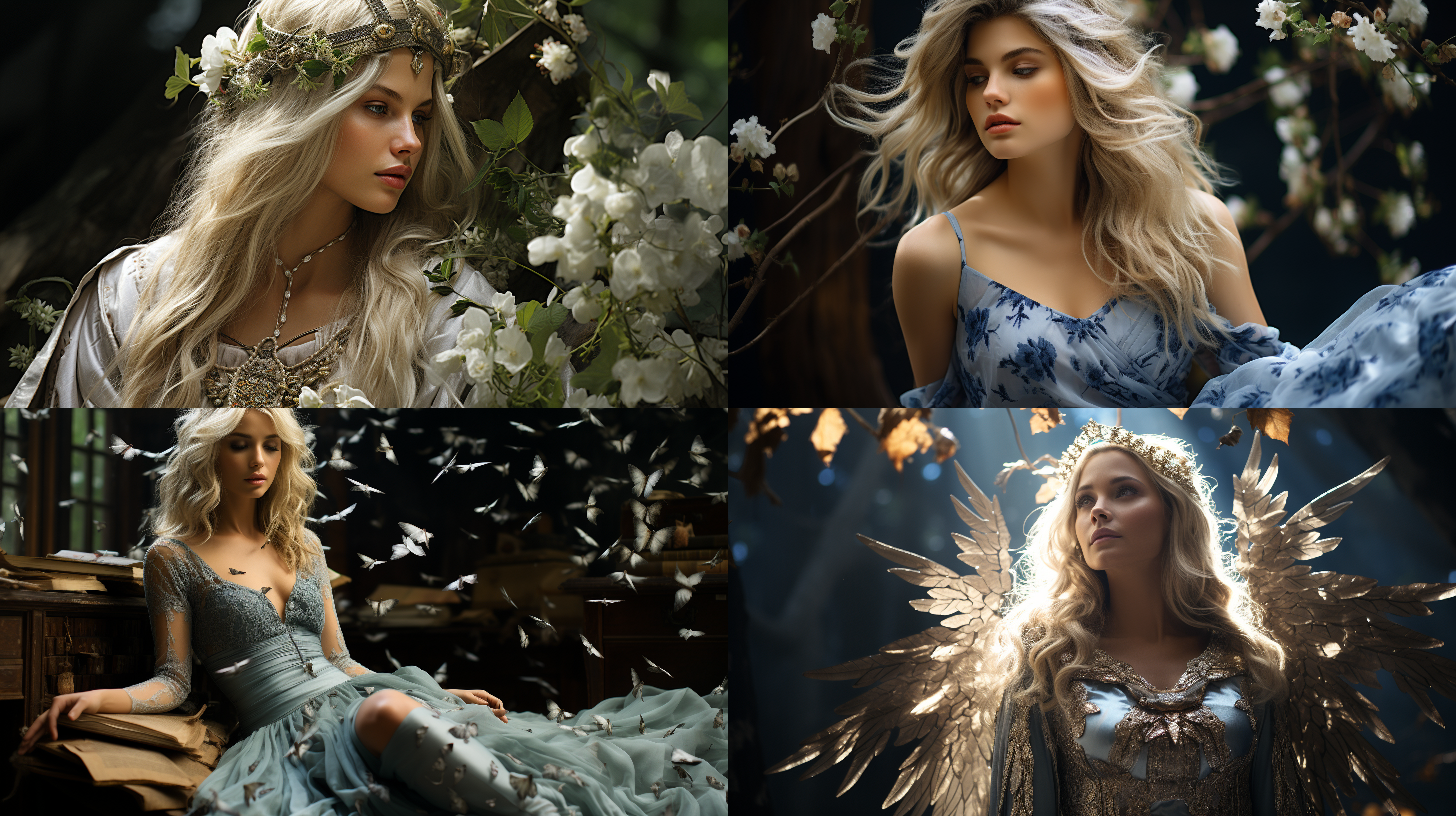 少女在树林中，洁白毛发，精致头饰，五官精致，蓝碎冰眼，星星十字架耳环，华丽蓝白裙，金色云纹，神圣氛围，藤蔓环绕，蝴蝶飞舞，自然光，柔和色调，长焦镜头，细节丰富，静谧，优雅。