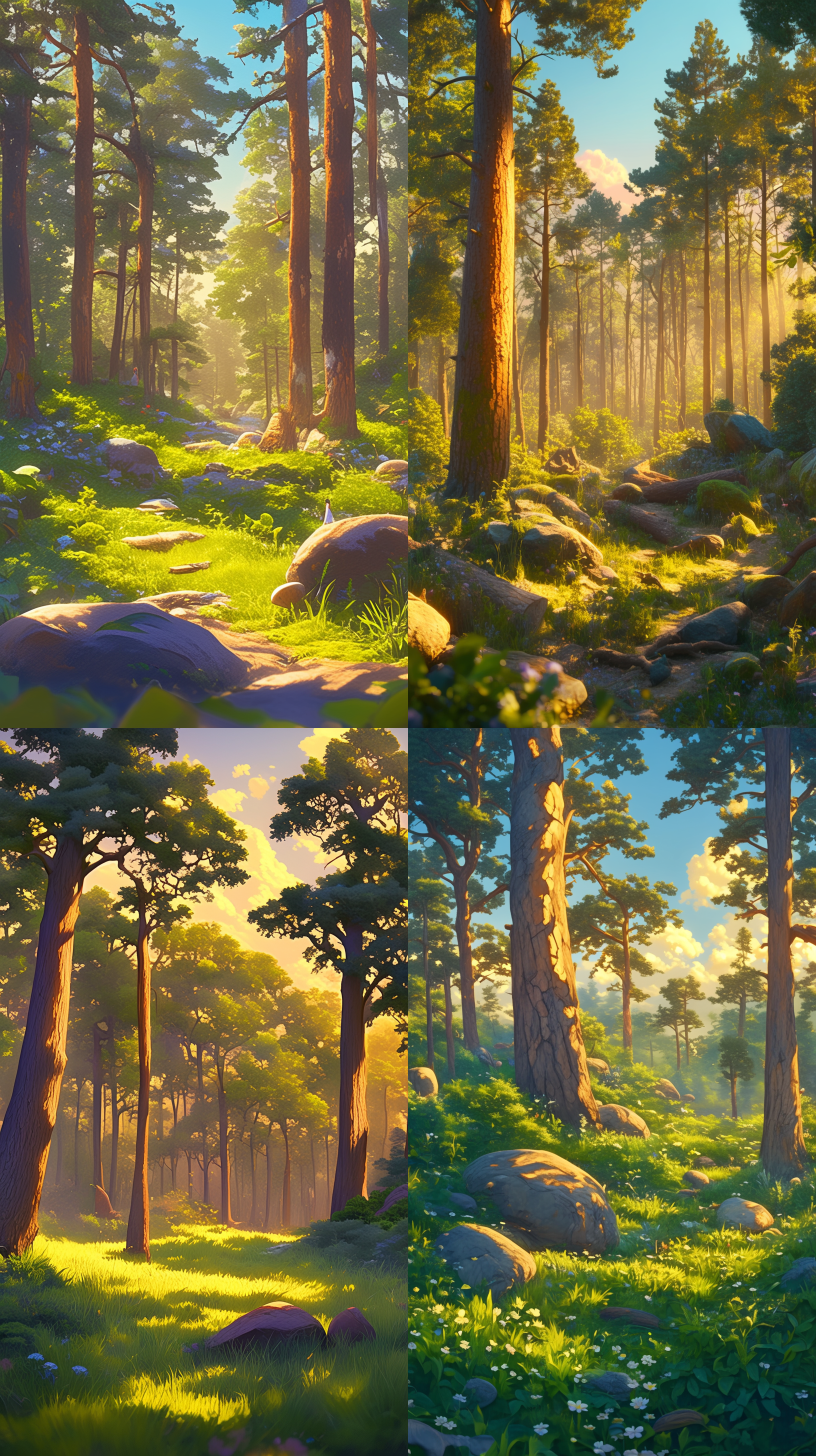 森林全景，郁郁葱葱，夕阳余晖，宁静祥和，皮克斯动画风格，超真实渲染，高角度拍摄，明亮色彩，迪士尼3d卡通风格，阳光直射，广角镜头，动态捕捉，鲜艳色彩。