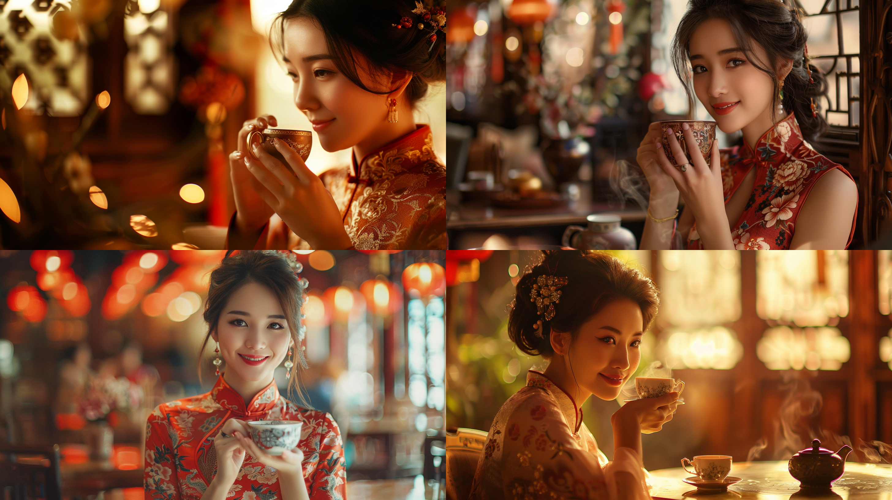 未来科技元素的中国美女微笑，旗袍，茶馆，中式，美女在喝茶，对称构图，柔和光线，暖色调，长焦镜头，静谧，优雅，细节丰富，传统元素，温馨。机械元素，三体的元素，最高清质量。