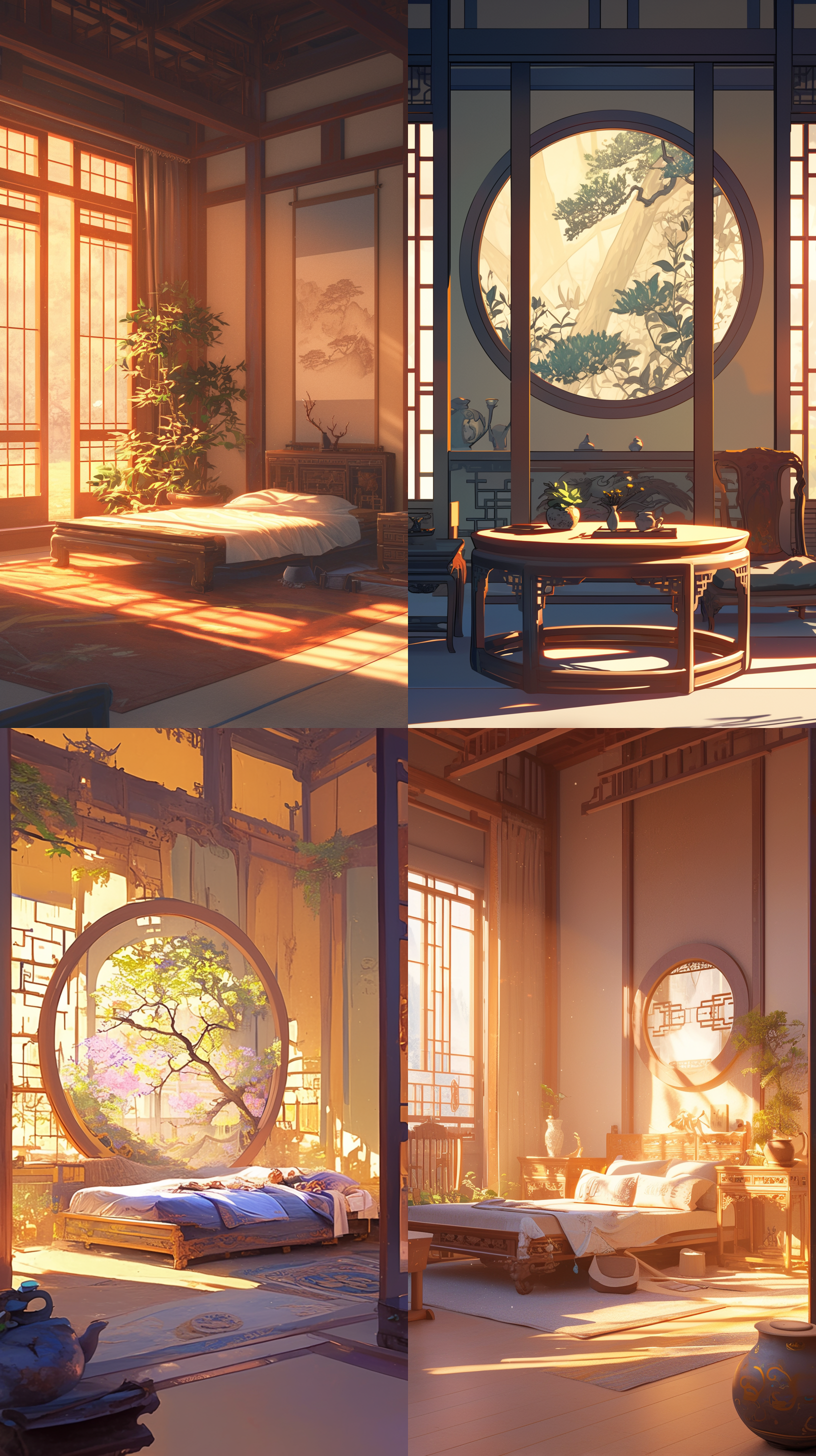 唐朝，公主的卧室，空荡荡的卧室，柔和的晨光，温暖舒适，简约的家具，简单的线条，中性的颜色，背景中的植物——