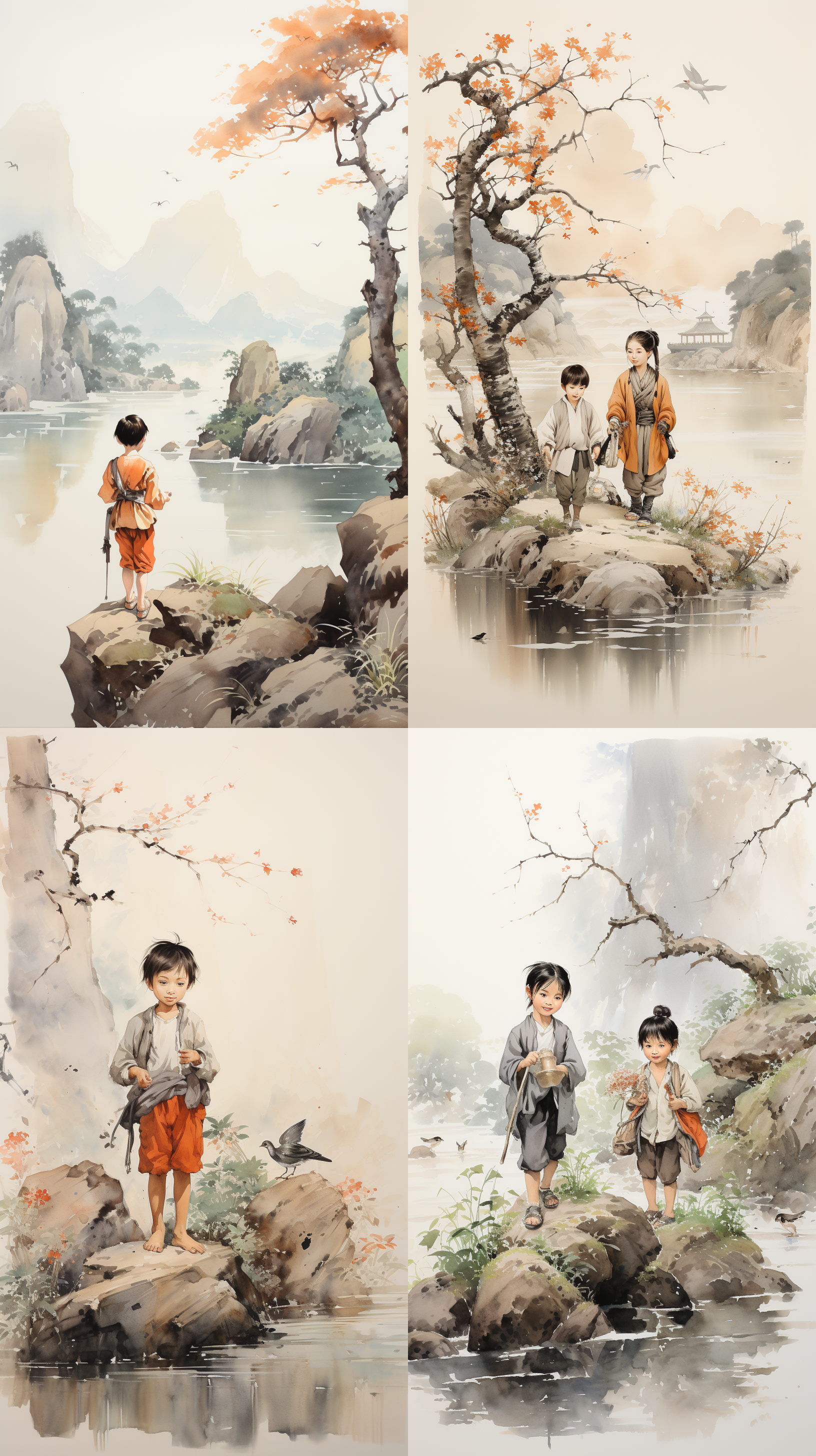6-10岁儿童，唐代书生形象，直立正面，白色服饰，山水水墨背景，纯色背景，知书达理，童趣盎然，中景，柔和光线，自然色彩，细腻笔触，静态，古典美。