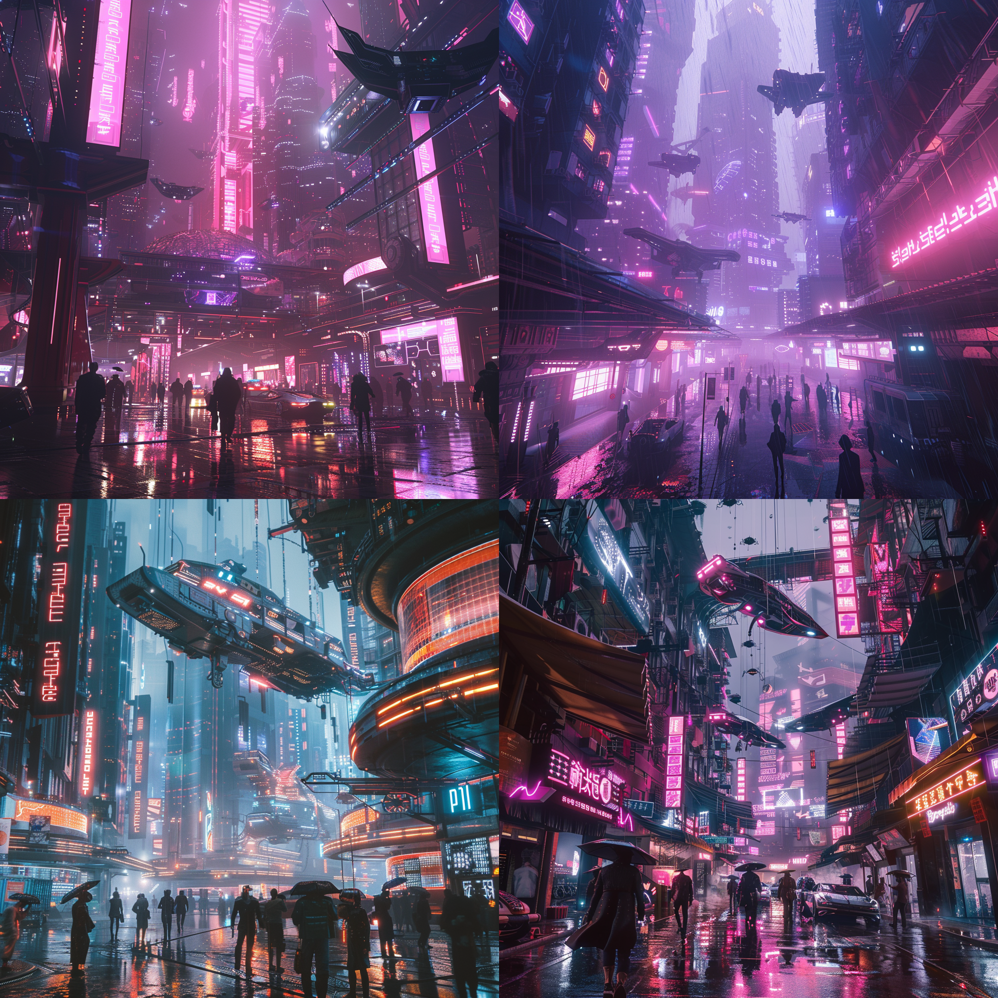 赛博朋克大楼，飞檐斗拱，人群行走，霓虹灯闪烁，飞行汽车穿梭，天色暗淡，小雨纷飞，悲伤氛围，迷幻光线，冷色调，广角镜头，城市环境，未来城市风貌，高效秩序，赛璐璐风格，超高分辨率，超高清晰度，oc渲染，高饱和度，水面倒影。