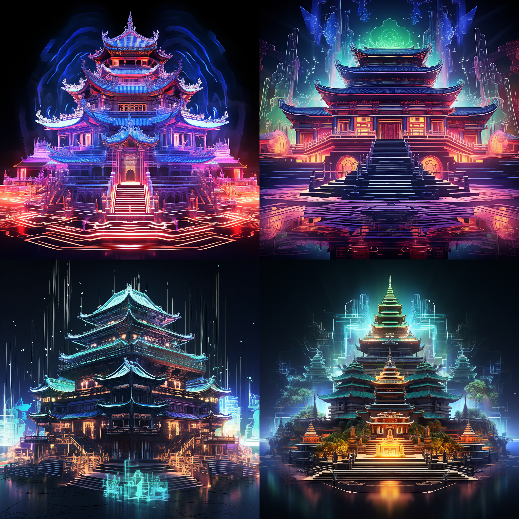 三维全息投影寺庙，赛博朋克风格，极高分辨率，霓虹灯光环绕，立体感强烈，孤岛上的寺庙，全息投影，细节丰富，科技感十足，投影，透明光线，电子科技，全景，动态光影，光线构成，透明彩色，数码生成，广角镜头，色彩缤纷，斑斓灯光。