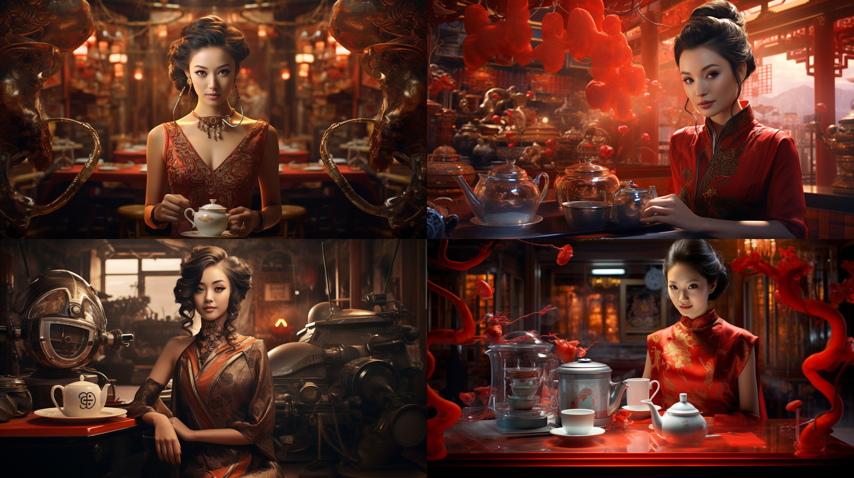 未来科技机械元素的中国，美女微笑，旗袍，美女在喝茶，对称构图，柔和光线，暖色调，长焦镜头，静谧，优雅，细节丰富，传统元素，温馨，三体的元素最高清质量。
