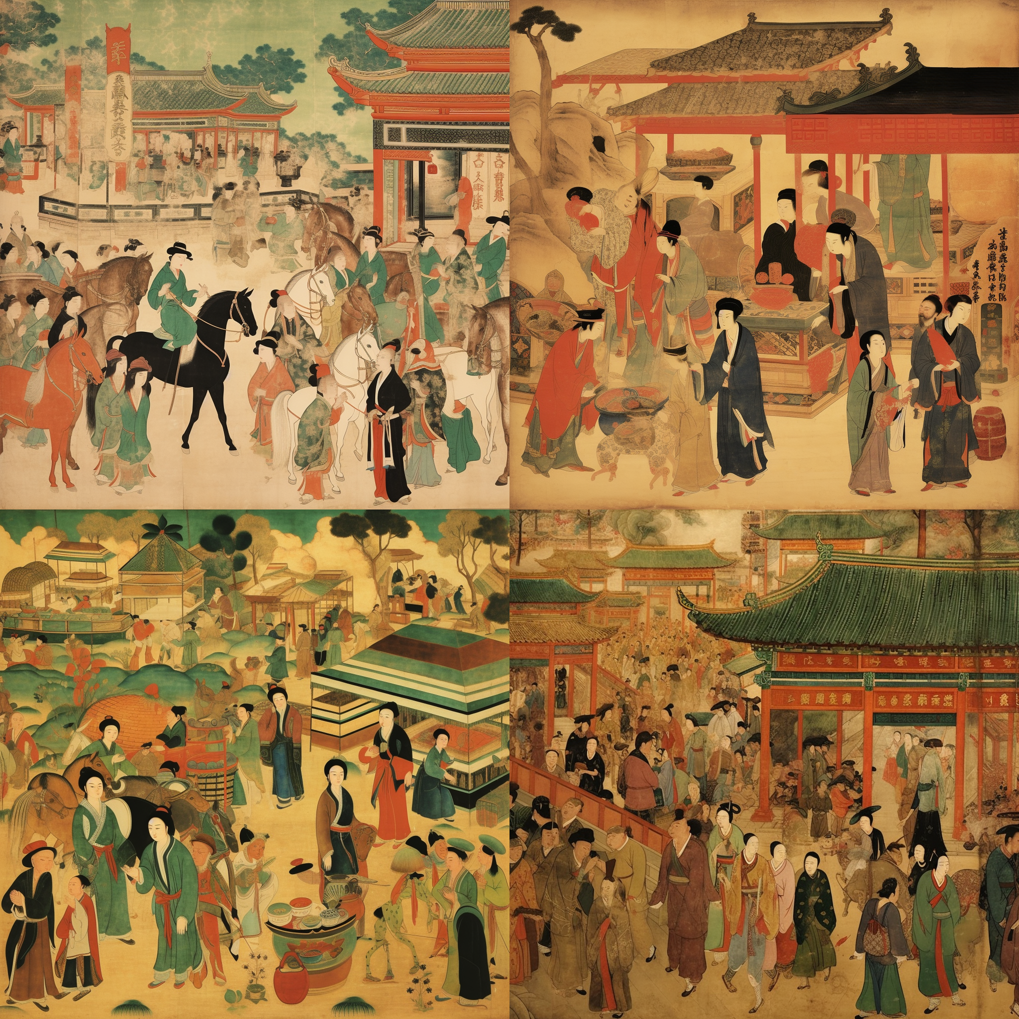敦煌壁画风格透视插图，绿色背景热闹集市场景，动态姿势，生边纹理，荧光红色对比色匹配，俯视视角，细腻线条，柔和光线，丰富色彩，活泼氛围。