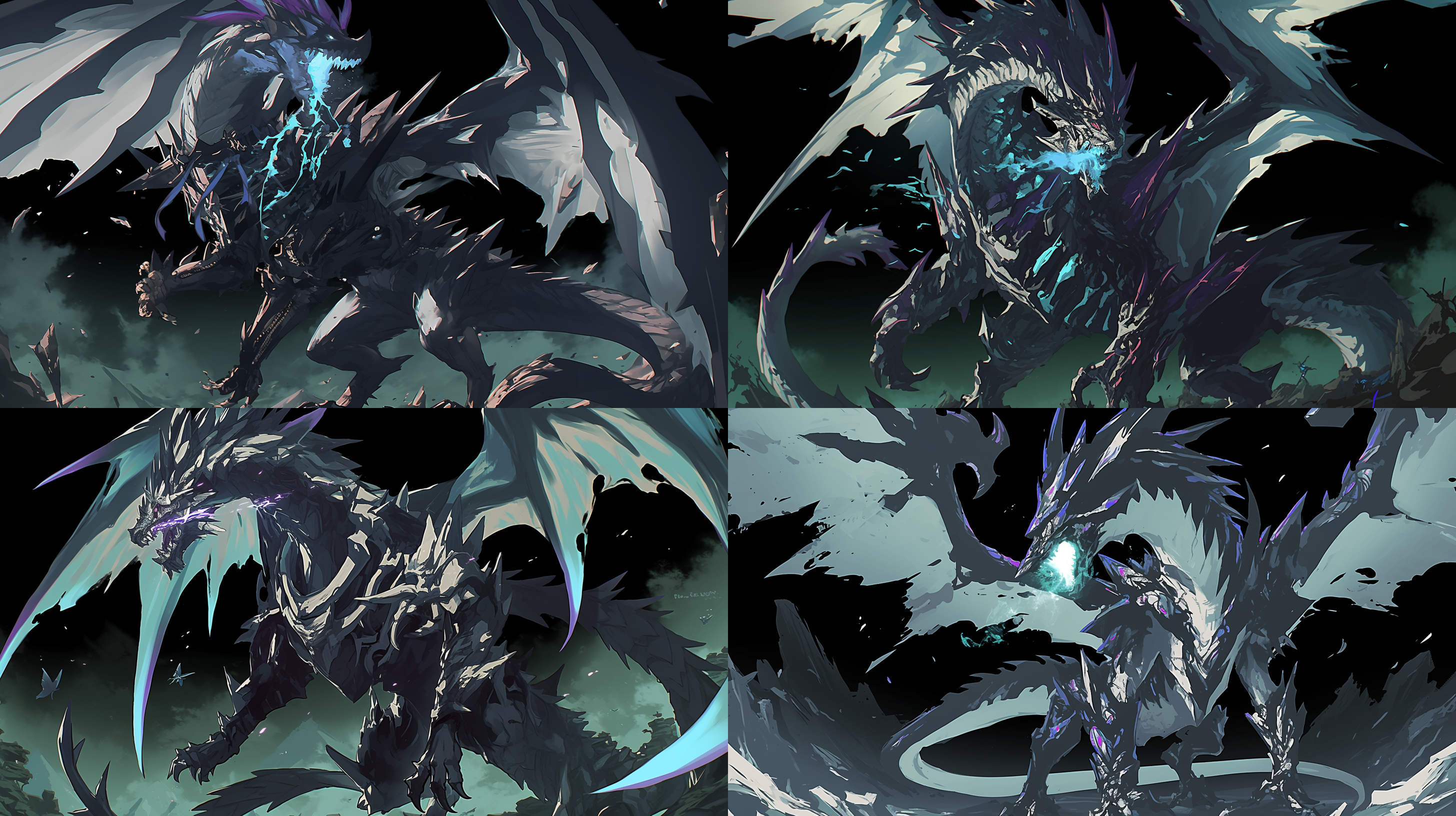 巨大魔龙喷吐毒气，山谷背景，阴暗色调，超广角镜头，仰视角度，动态模糊，巨翼展开，灰色鳞片细节，狂暴表情，恐怖氛围。