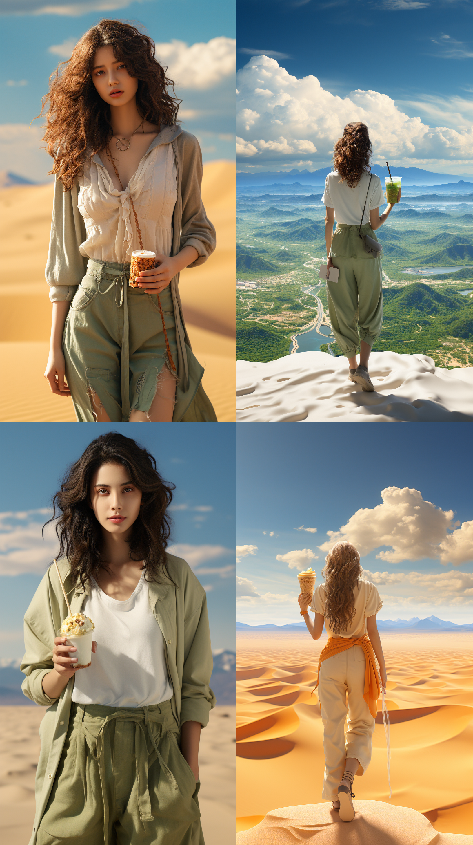 背景是苍茫茫的沙漠，神情疲乏的徒步女人，一只手，拿着，抹茶叶味冰淇凌，火炬形状，全景展示，清新日式风格，细腻质感，不填充背景色，柔和，清凉，诱人， 3d ，全景深摄像