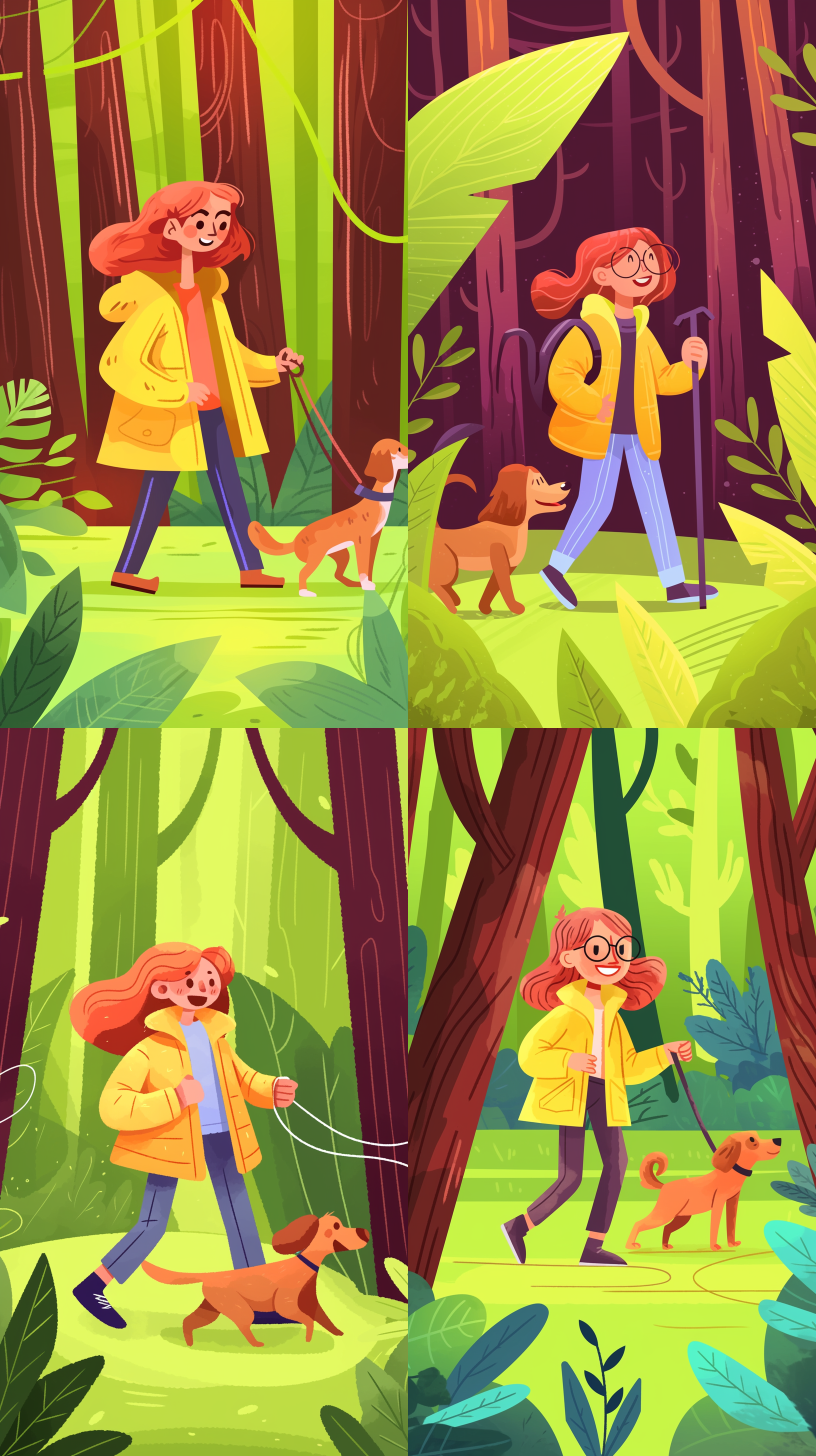 家庭亲子活动，一家人和狗一起玩耍，在绿色的草地上，天气晴朗，光线柔和，平面插画风格，水彩质感，公益海报，矢量平面插画，细腻线条，鲜艳色彩，轻松氛围， 三分法构图