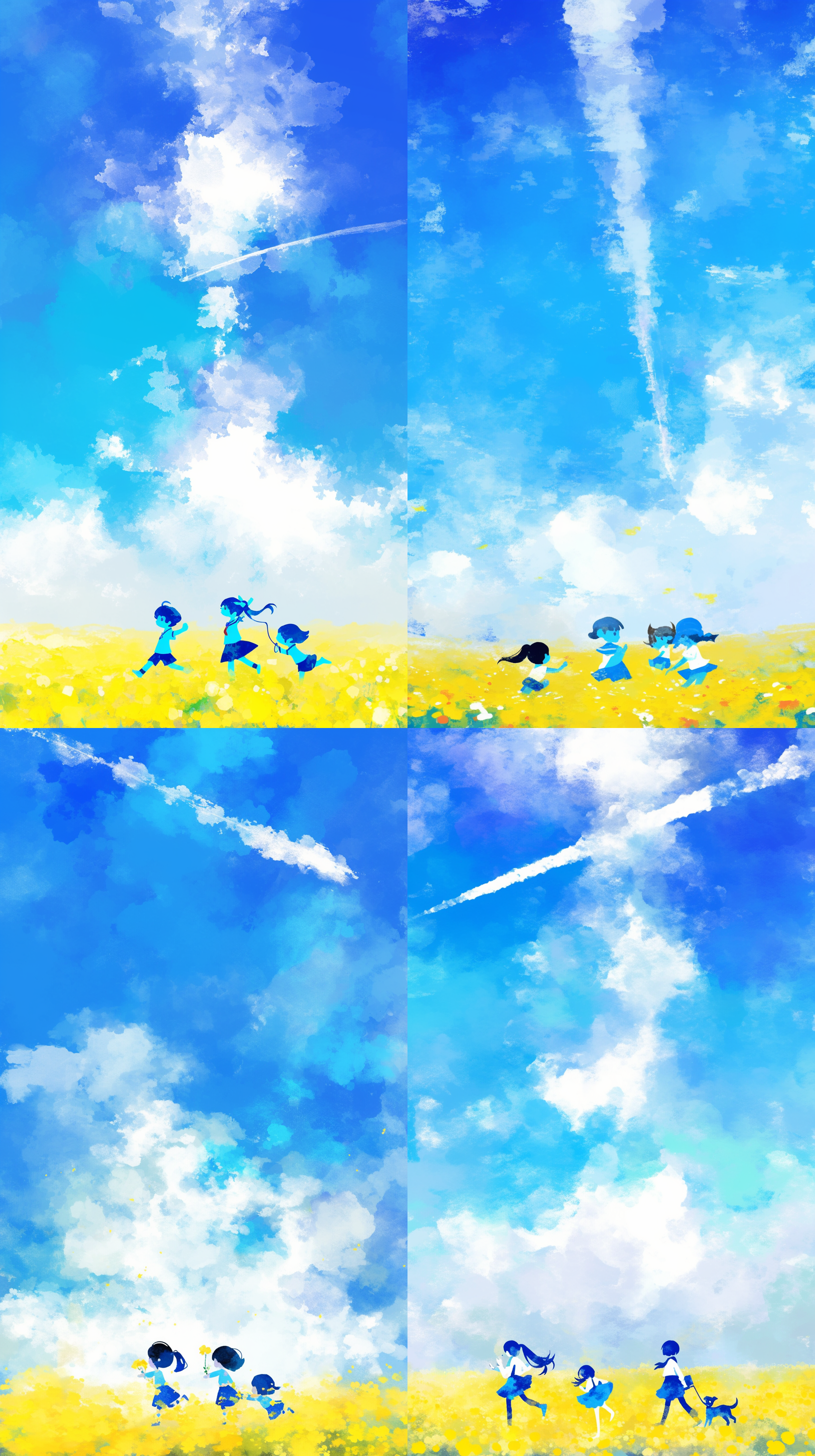 家庭亲子活动，一家人和狗一起玩耍，在绿色的草地上，天气晴朗，光线柔和，平面插画风格，水彩质感，公益海报，矢量平面插画，细腻线条，鲜艳色彩，轻松氛围， 三分法构图