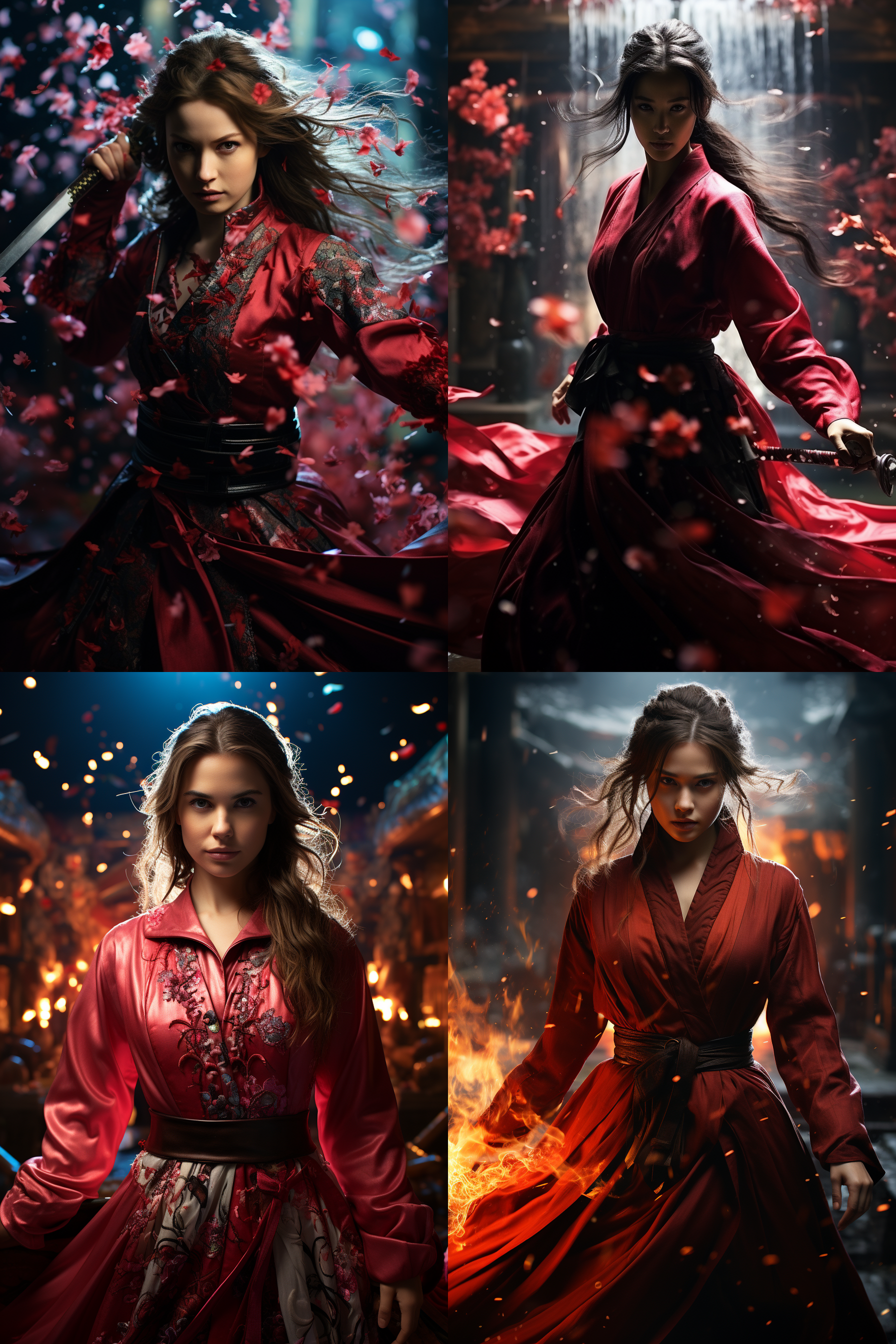红衣女孩舞剑，瀑布背景，水花四溅，气势壮观，侧逆光，正面脸部闪光灯补光，颜色通透，低视角，长焦镜头，8k高清晰画面，动态捕捉，红色与水花对比，专注表情，动态模糊效果。