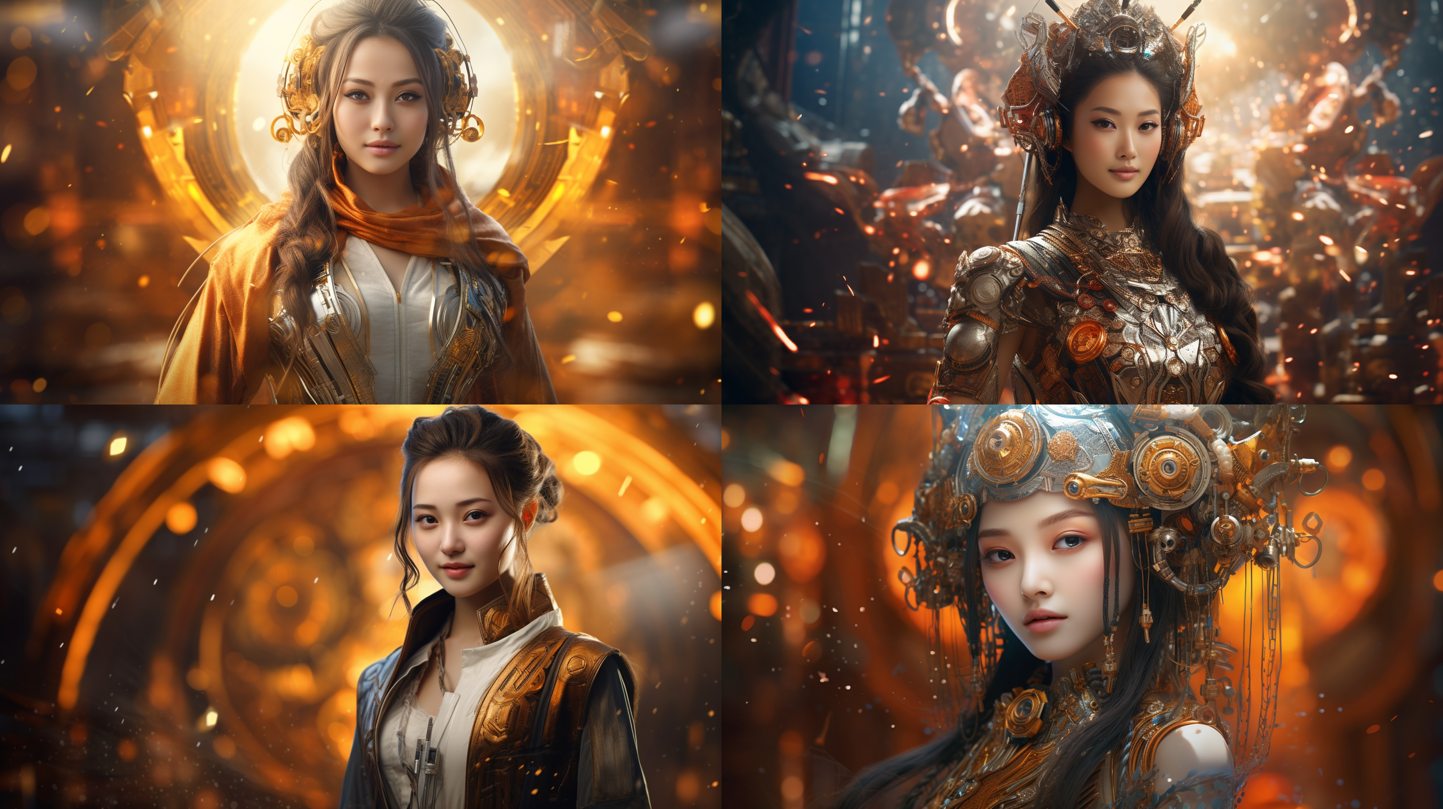 美女微笑，未来科技机械元素，中国风，战场背景，对称构图，柔和光线，暖色调，长焦镜头，肤质细节真实，静谧优雅，细节丰富，传统元素融合，温馨氛围，三体元素，最高清质量。