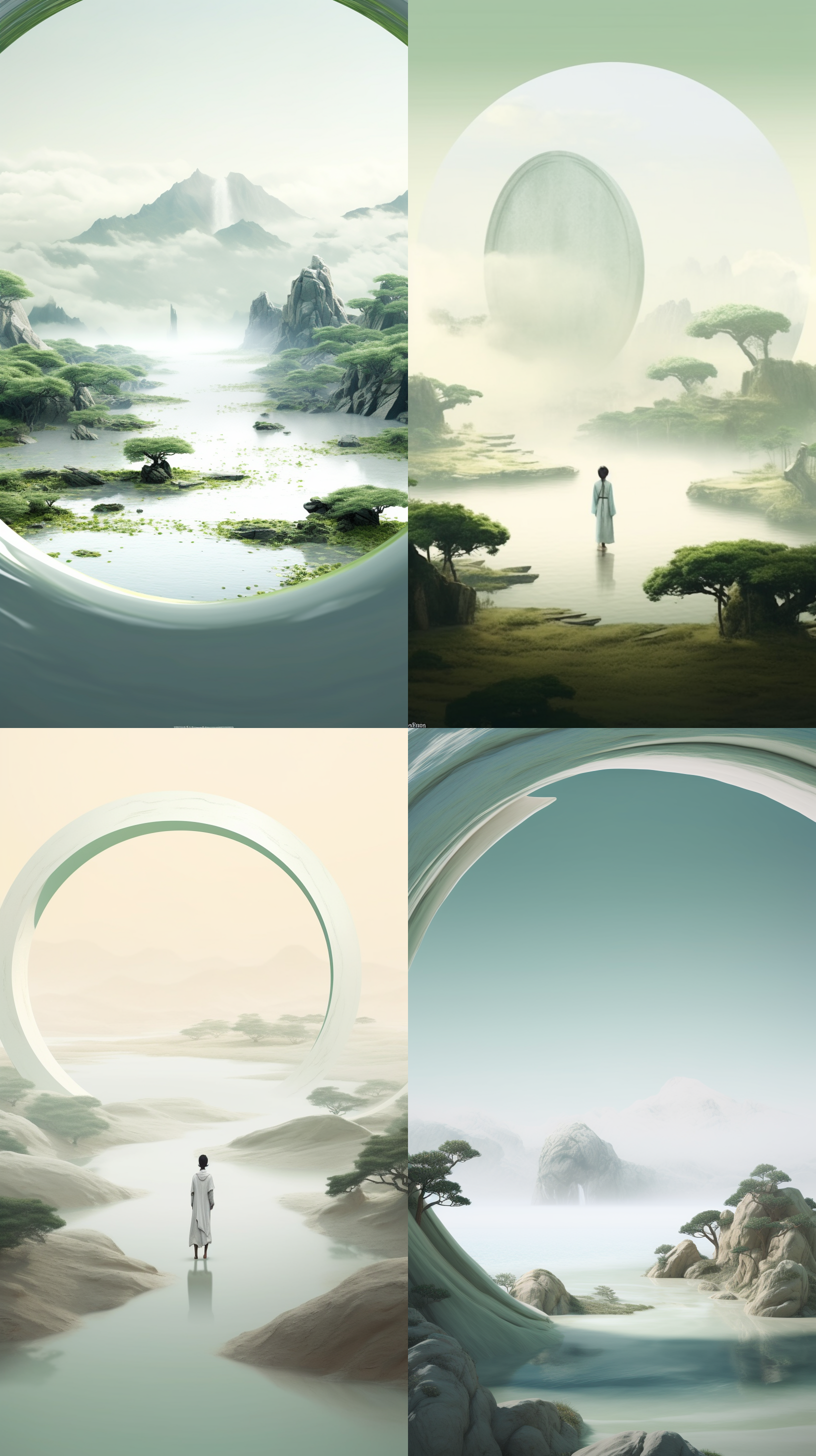 干净背景，大面积留白，沙质中式圆盘，汉服行走，宋代工笔山水画，cinema4d渲染，有机流动形式，浅绿色白色，地中海景观，波浪形树脂片材，柔和光线，低饱和度，静谧氛围。