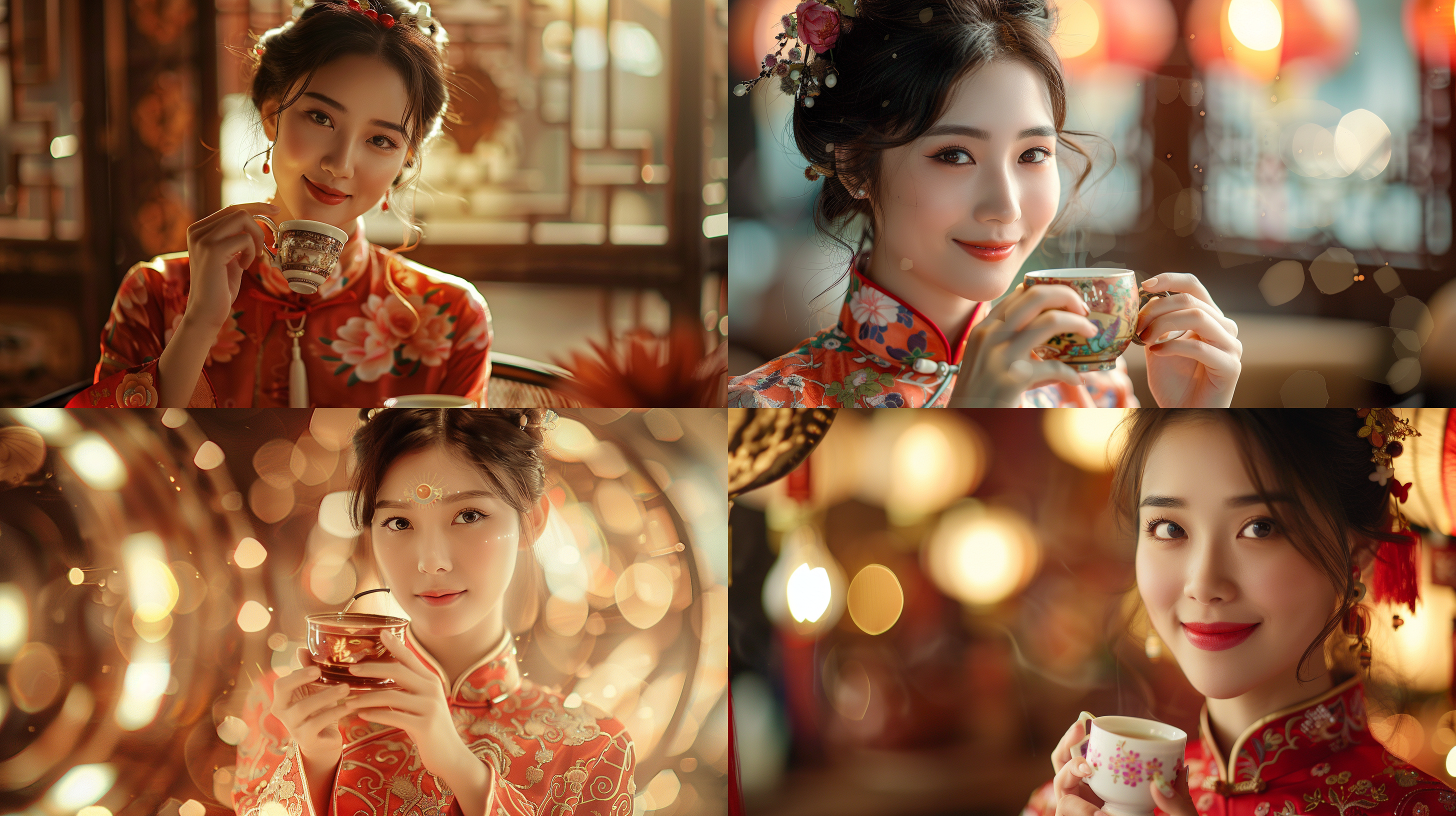未来科技元素的中国美女微笑，旗袍，中式，美女在喝茶，对称构图，柔和光线，暖色调，长焦镜头，静谧，优雅，细节丰富，传统元素，温馨。机械元素，三体的元素最高清质量。