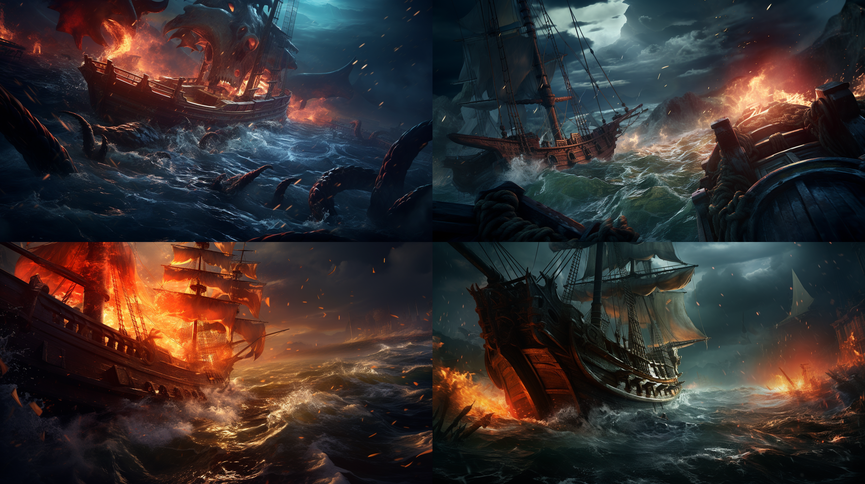 海面上波涛汹涌，海蛇卷绕海盗船，船上海盗迎战，高分辨率游戏cg，动态构图，冷色调，广角镜头，逆光，快速快门，战斗动作，紧张气氛，细节丰富。