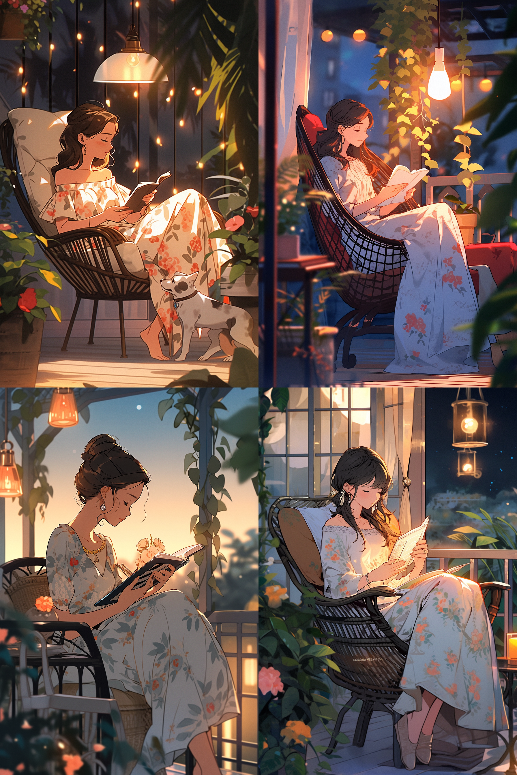 夜晚女孩阳台阅读，吊篮椅，休闲装，仰望星空，小说，冰柠檬水，绿植鲜花，宁静舒适，温暖治愈，卡通动漫风格，人物可爱，柔和光线，低饱和色调，细节丰富，慢快门，侧逆光。