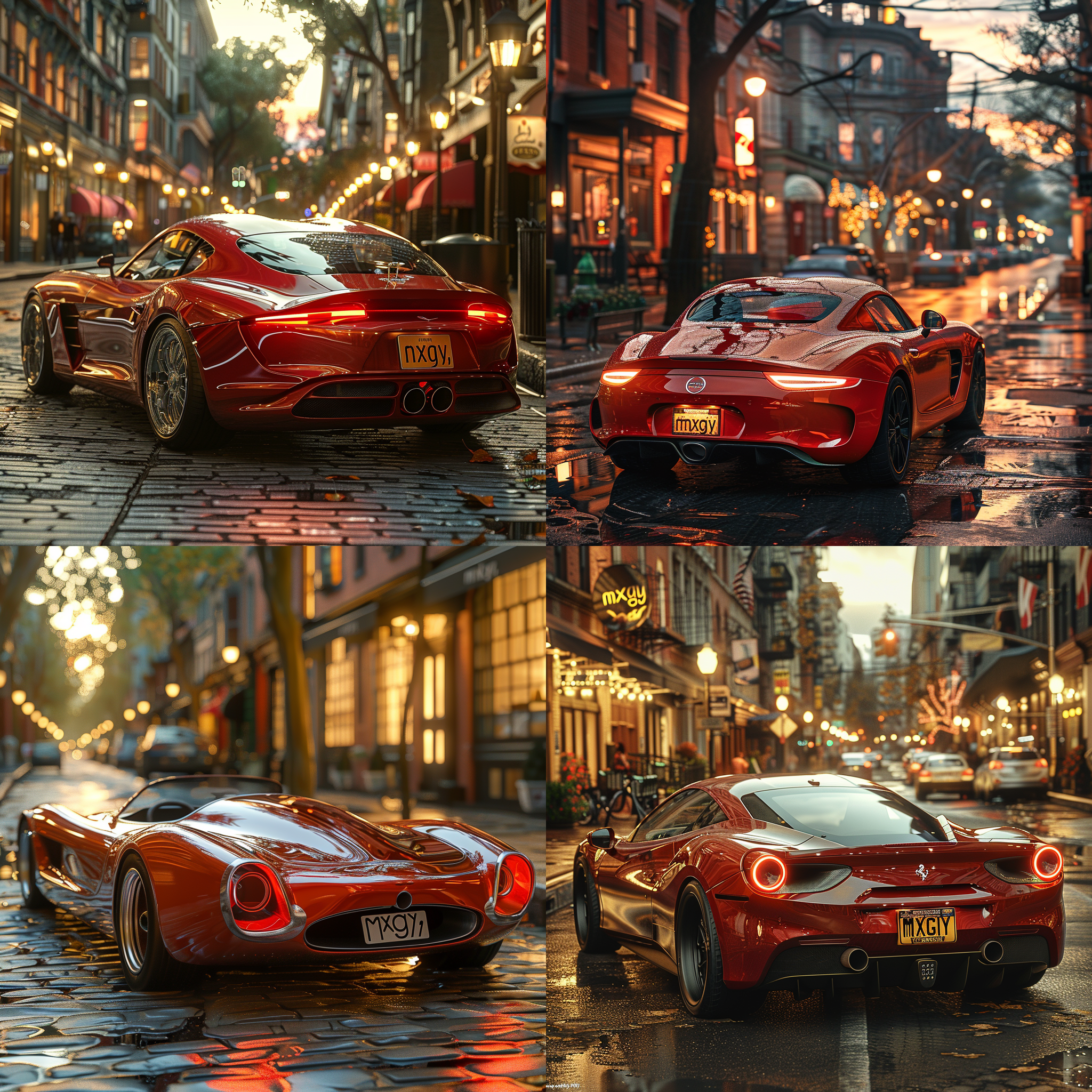 辆速度很快的红色跑车，在城市的道路上奔跑着，车牌写着mxgy，惊艳的真实感，日落，傍晚的阳光。