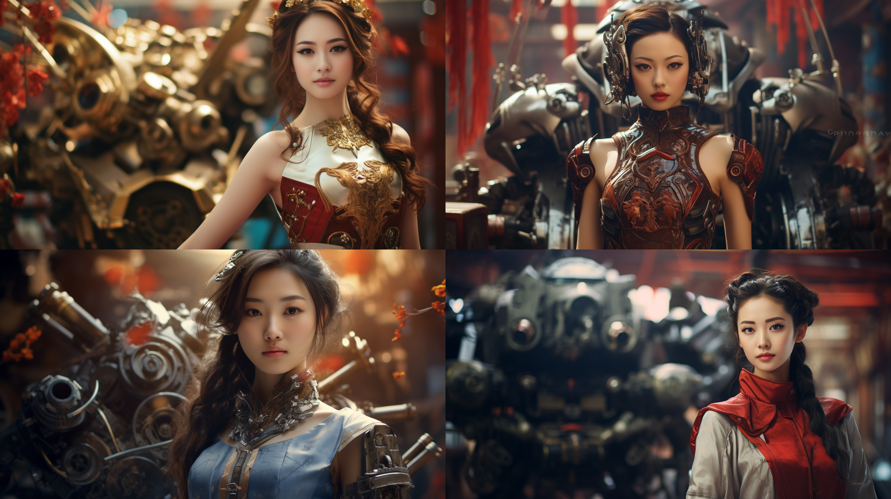 未来科技机械元素的中国，美女微笑，旗袍，肤质细节真实，美女在战场，对称构图，柔和光线，暖色调，长焦镜头，静谧，优雅，细节丰富，传统元素，温馨，三体的元素最高清质量。