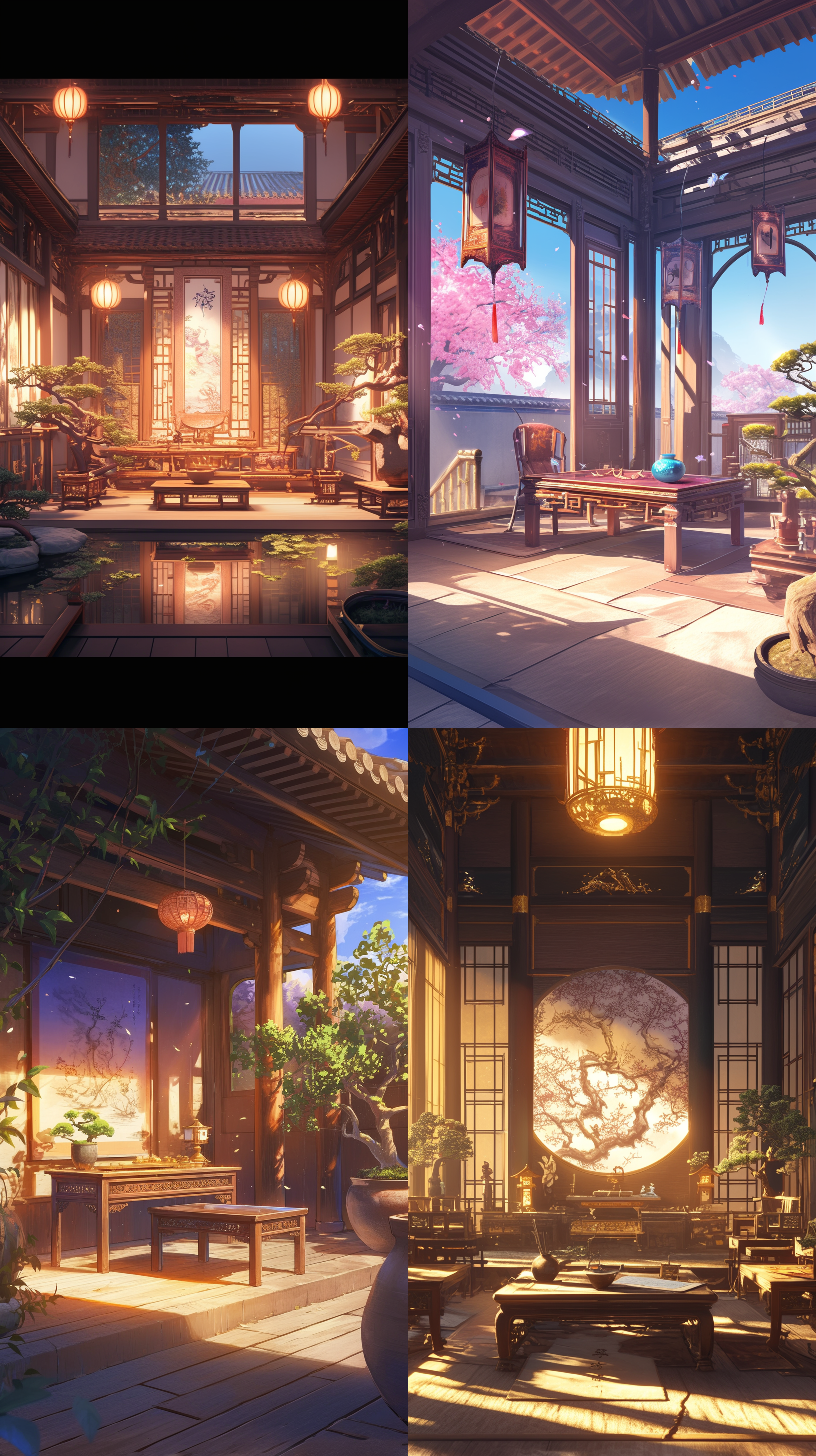 唐朝，中式阁楼，简约的家具，天然的木质纹理，悬挂的灯笼，墙上的书法艺术，盆景树，广角镜头，中国艺术家动漫风格