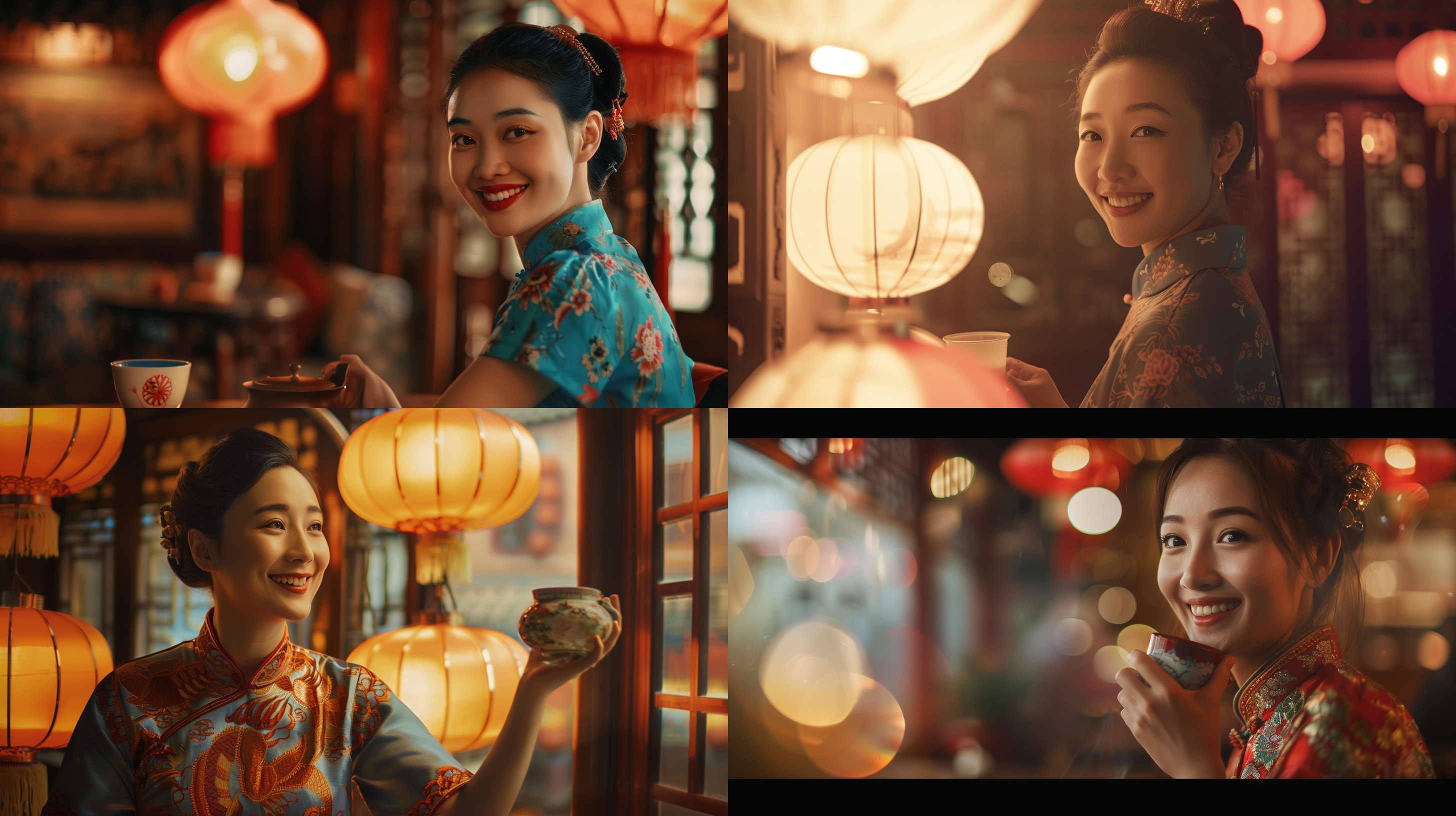 未来中国美女微笑，旗袍，茶馆，中式，美女在喝茶，对称构图，柔和光线，暖色调，长焦镜头，静谧，优雅，细节丰富，传统元素，温馨。科技元素，三体的元素最高清质量。